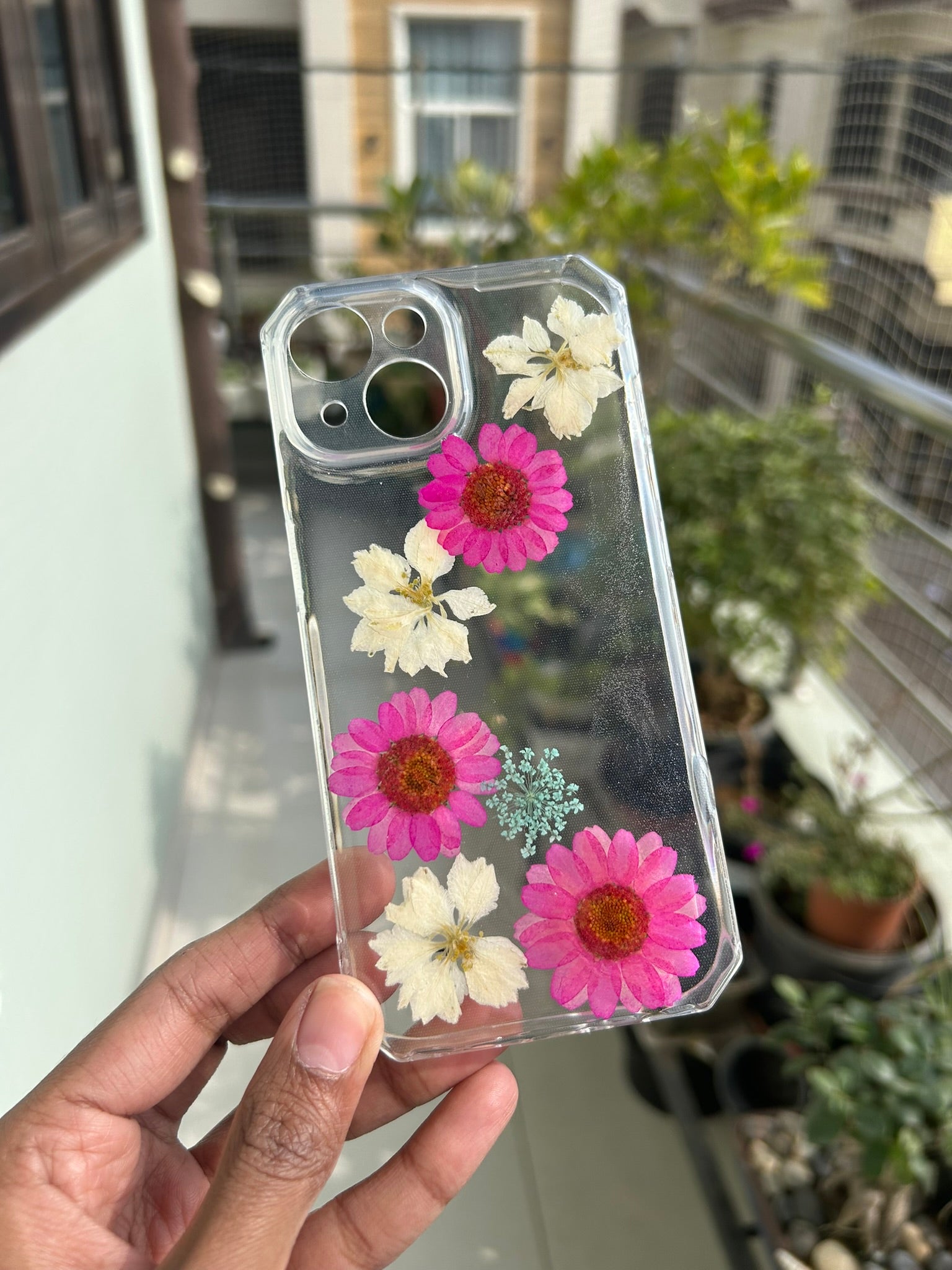 Pressed Flower Phone Case | Hot Pink Daisies & White Wildflowers in Resin | Left Bloom Series | Case 9