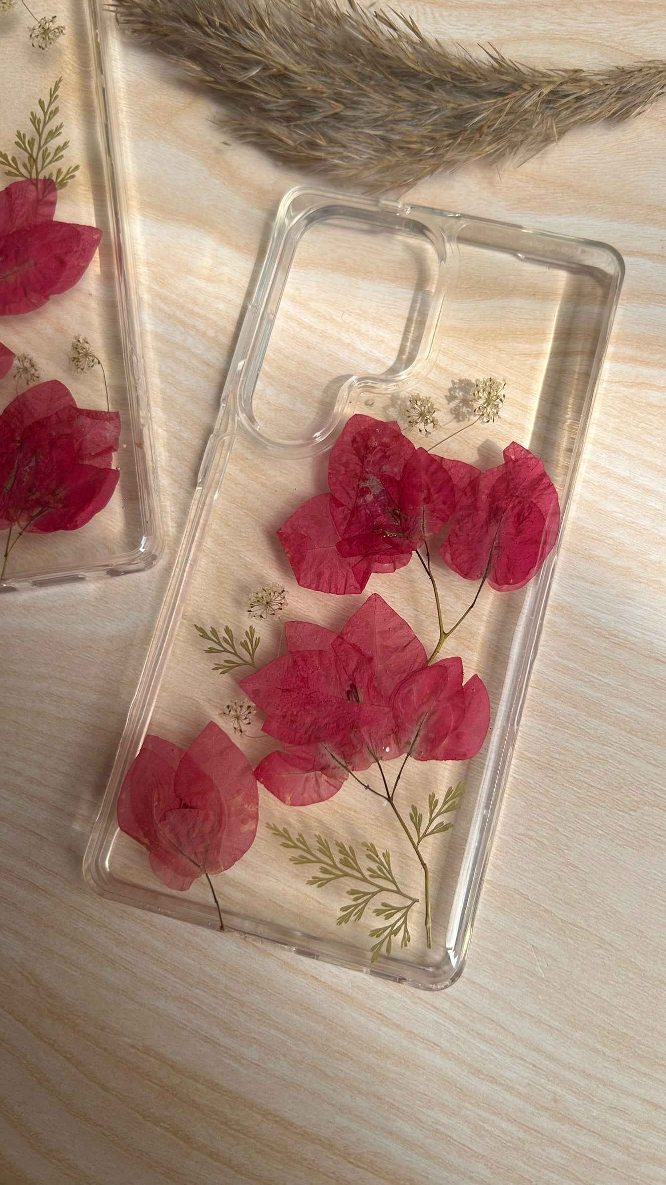 Pressed Flower Phone Case | Red Bougainvillea with White Baby's Breath & Golden Ferns in Resin | Right Bloom | Case 24