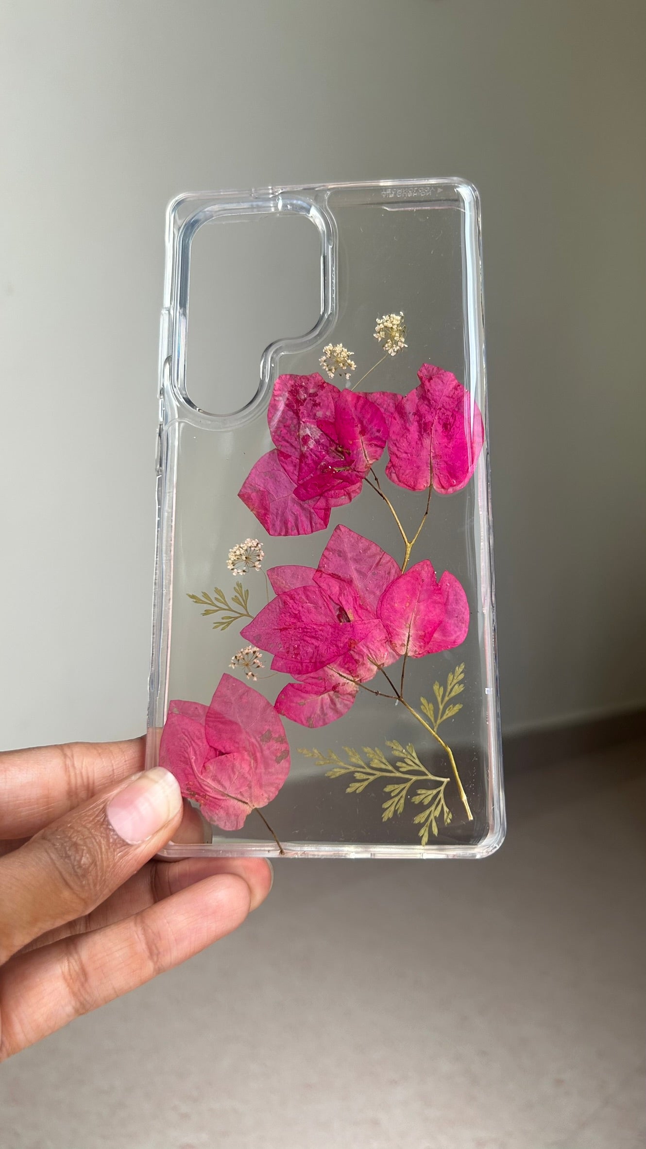 Pressed Flower Phone Case | Red Bougainvillea with White Baby's Breath & Golden Ferns in Resin | Right Bloom | Case 24