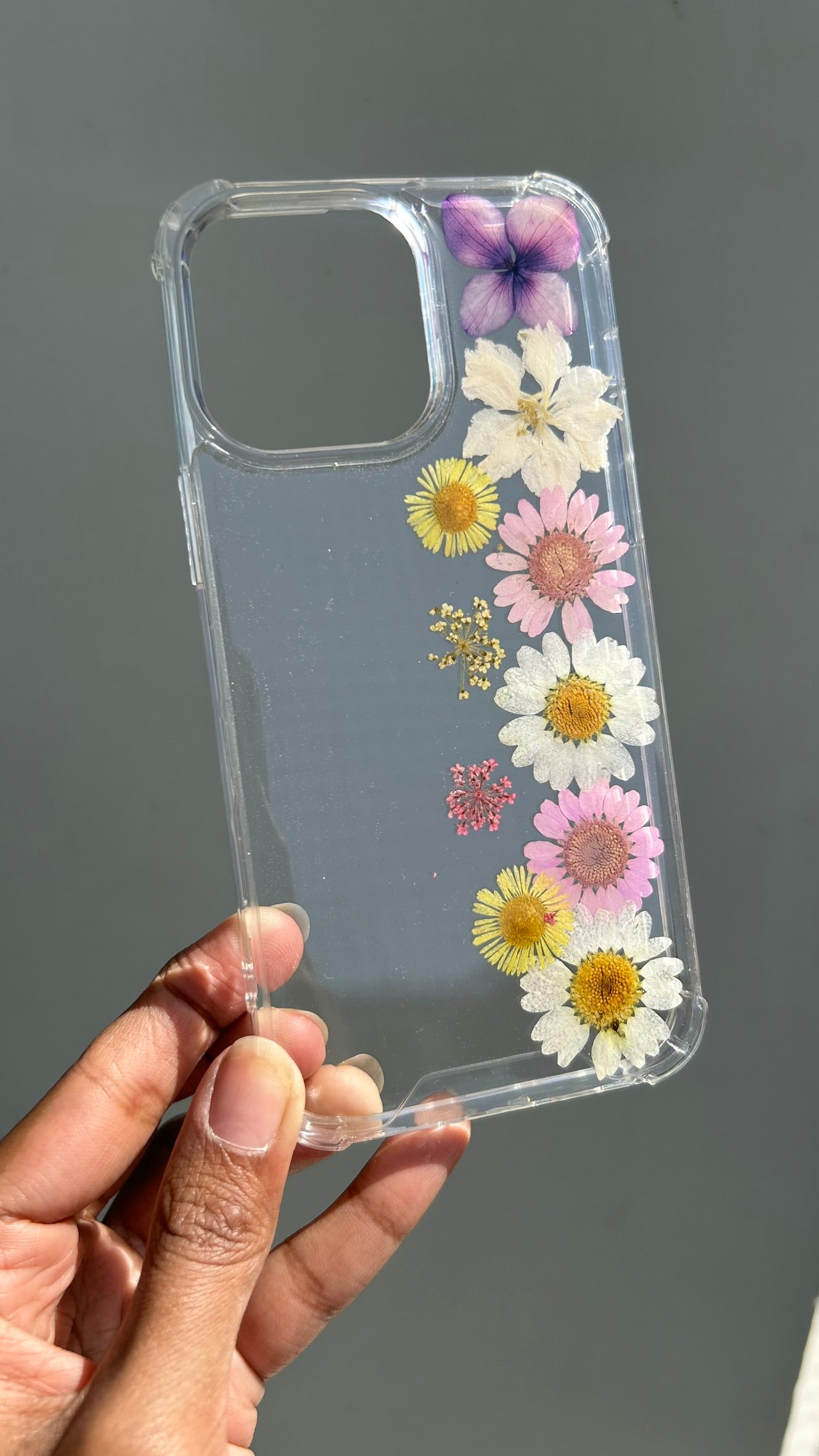Pressed Flower Phone Case | Purple Pansy, White & Pink Daisies with Yellow Wildflowers in Resin | Straight Bloom | Case 5