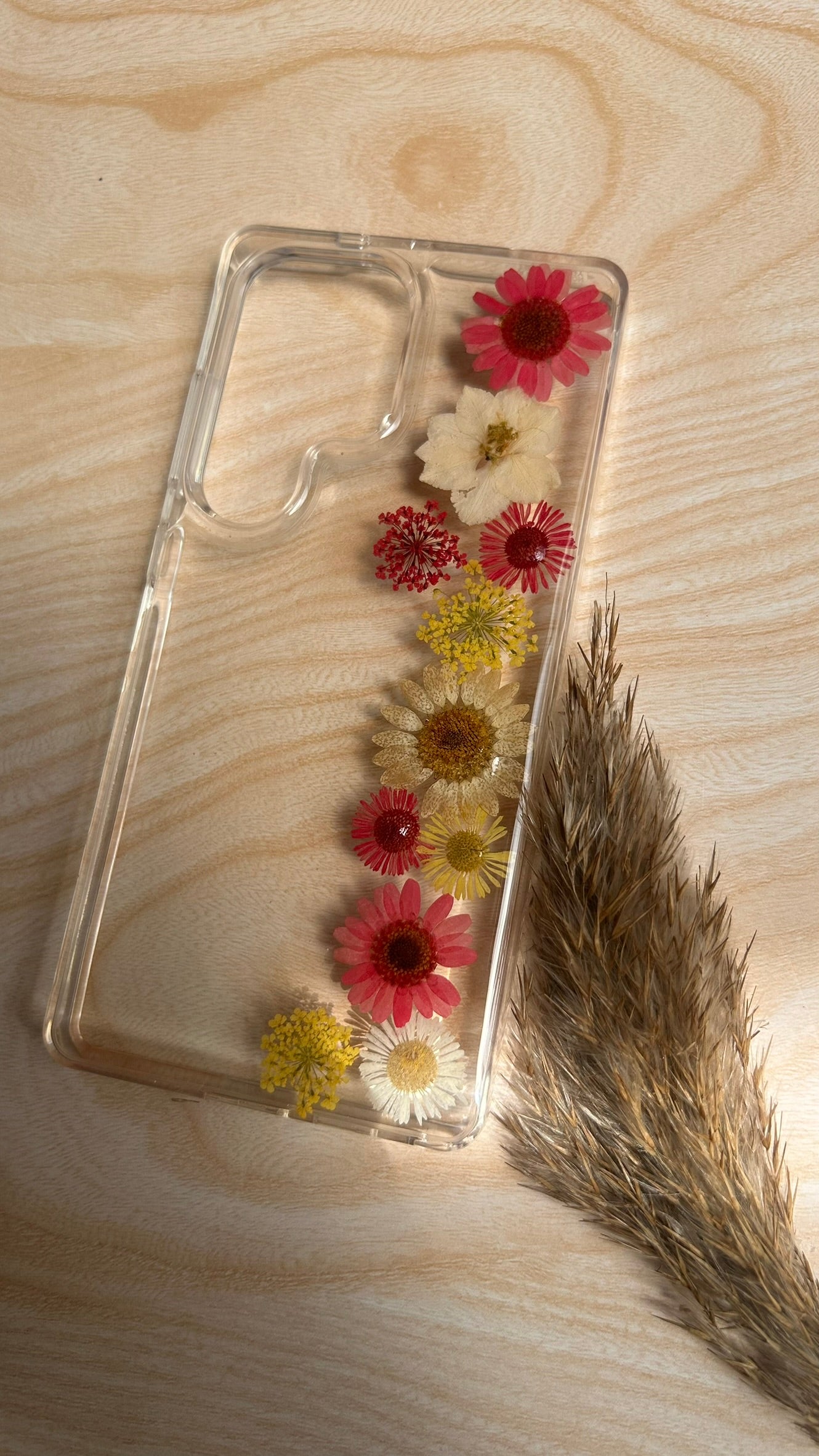 Pressed Flower Phone Case | Red & White Daisies with Yellow Baby's Breath in Resin | Straight Bloom | Case 12