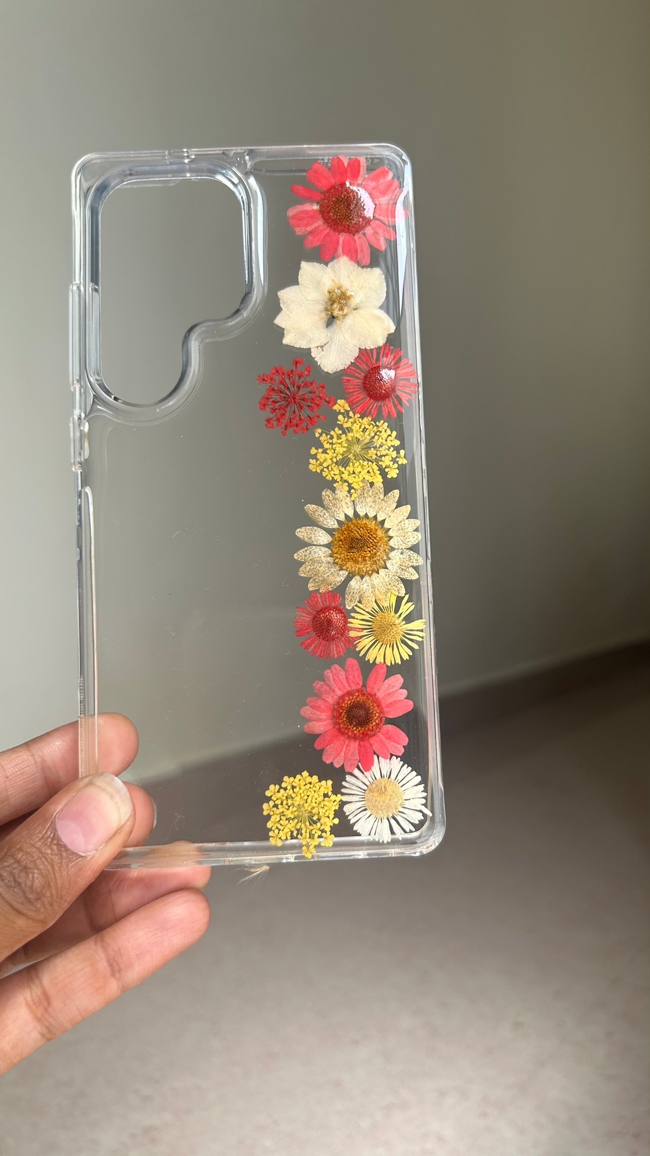 Pressed Flower Phone Case | Red & White Daisies with Yellow Baby's Breath in Resin | Straight Bloom | Case 12