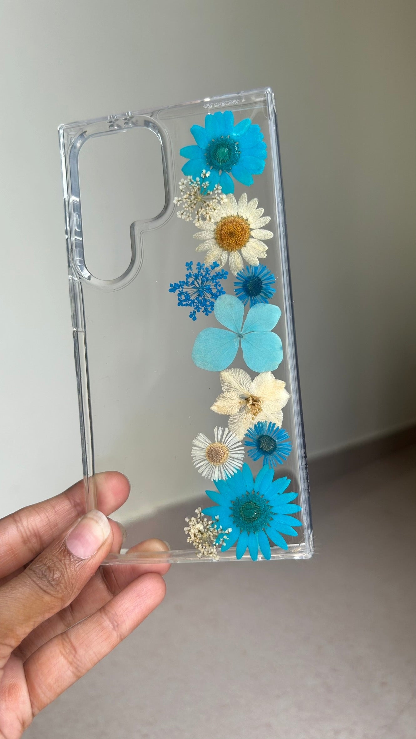 Pressed Flower Phone Case | Teal Daisies, Light Blue Hydrangea & White Clematis in Resin | Straight Bloom | Case 11
