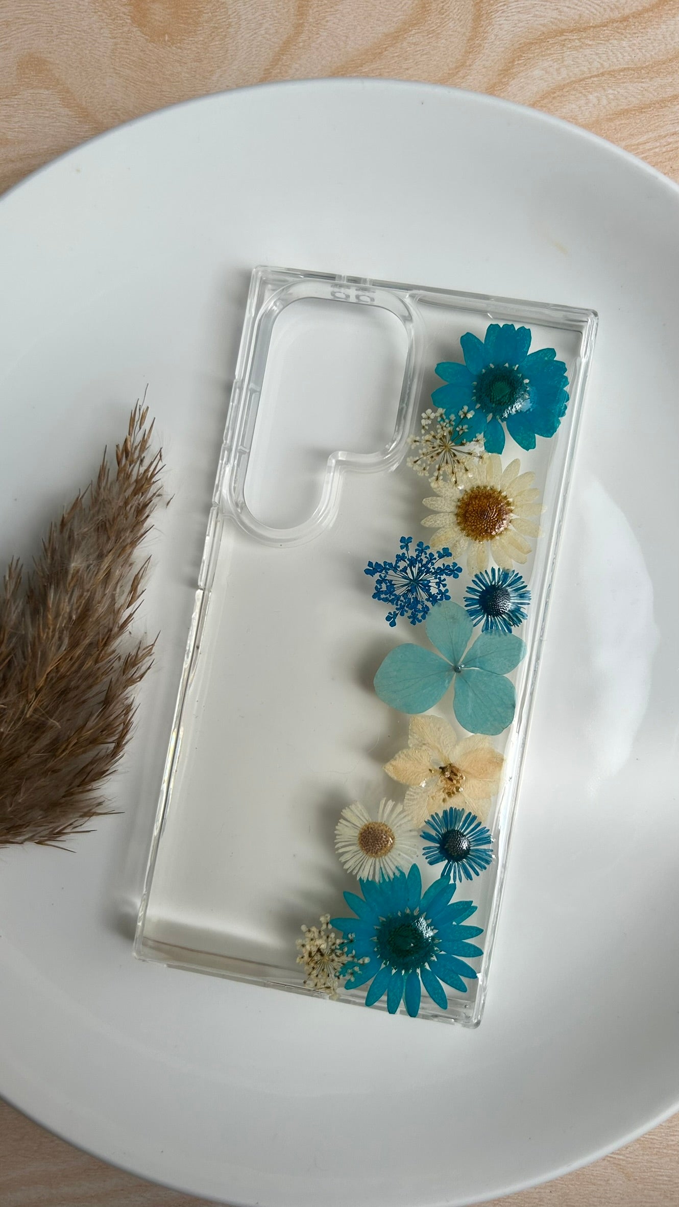 Pressed Flower Phone Case | Teal Daisies, Light Blue Hydrangea & White Clematis in Resin | Straight Bloom | Case 11