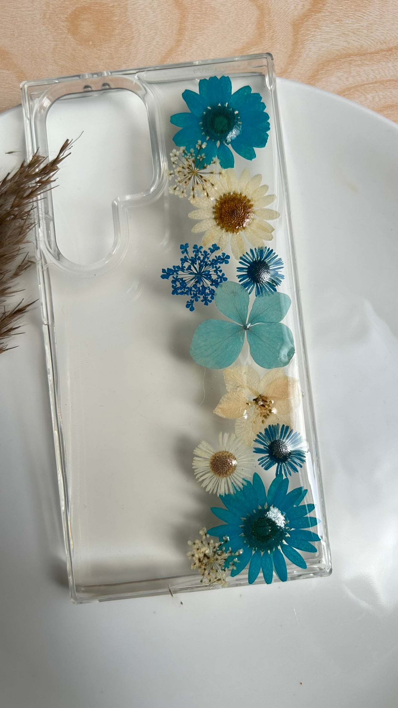 Pressed Flower Phone Case | Teal Daisies, Light Blue Hydrangea & White Clematis in Resin | Straight Bloom | Case 11
