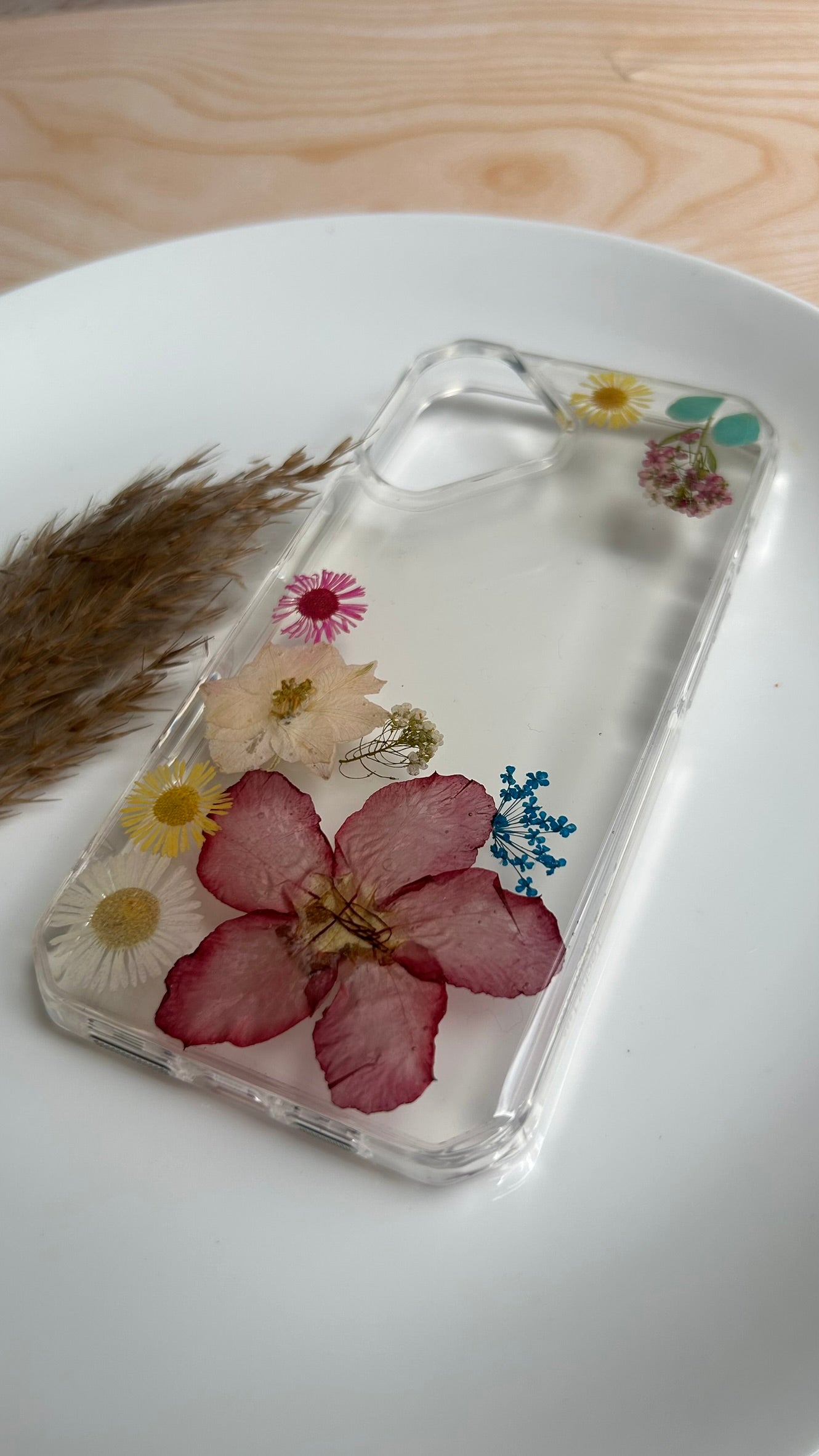 Pressed Flower Phone Case | Yellow, Teal & Pink Mixed Flowers with Dried Leaves in Resin | Left Bloom Series | Case 6