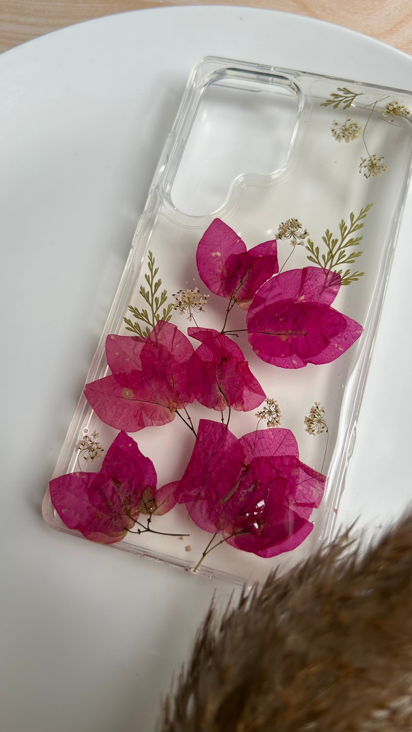 Pressed Flower Phone Case | Red Bougainvillea with White Baby's Breath & Golden Ferns in Resin | Right Bloom | Case 24