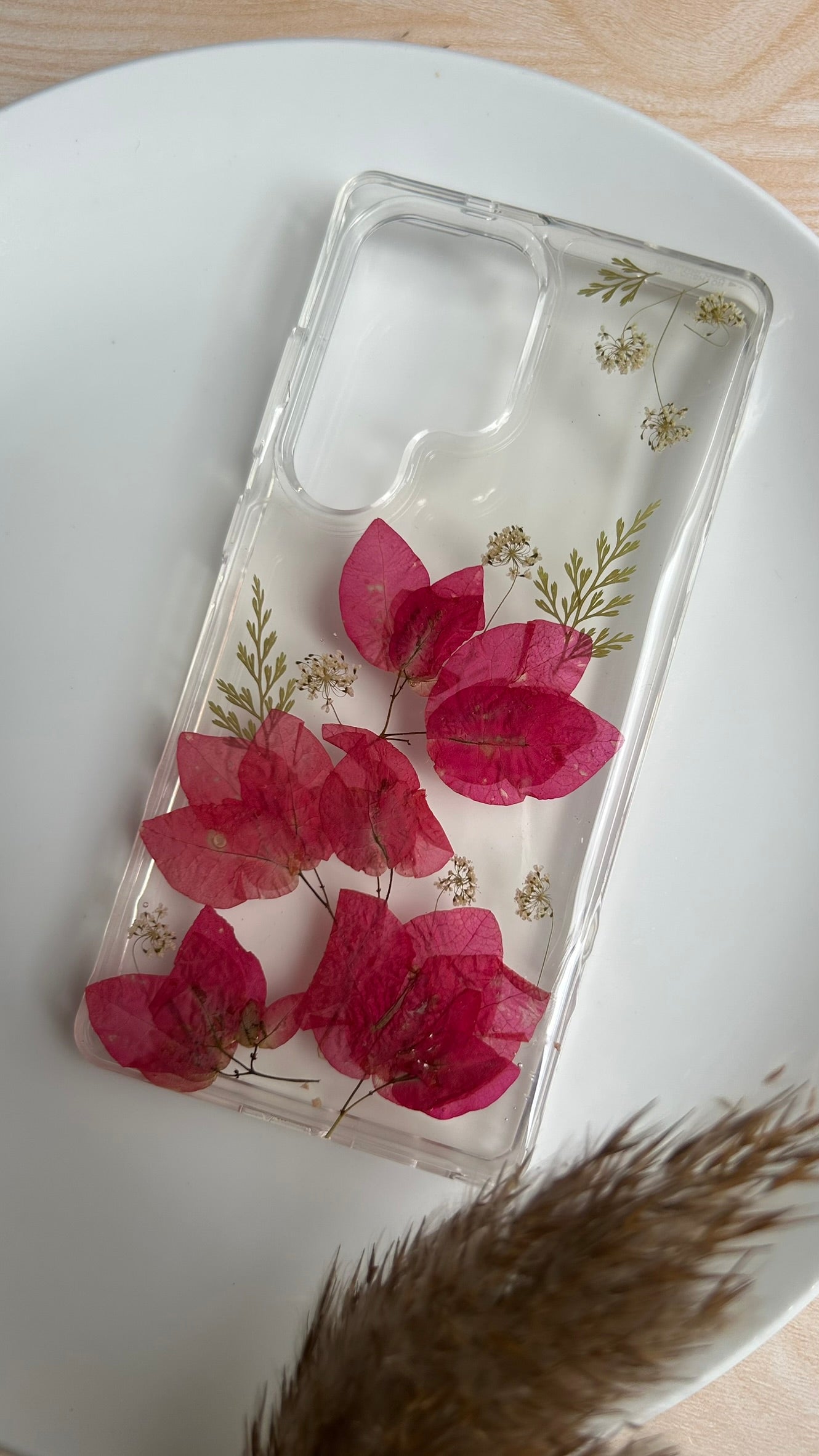 Pressed Flower Phone Case | Magenta Bougainvillea with White Baby's Breath & Golden Ferns in Resin | Right Bloom | Case 23