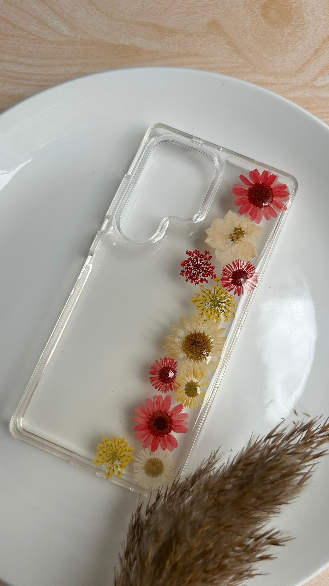 Pressed Flower Phone Case | Red & White Daisies with Yellow Baby's Breath in Resin | Straight Bloom | Case 12