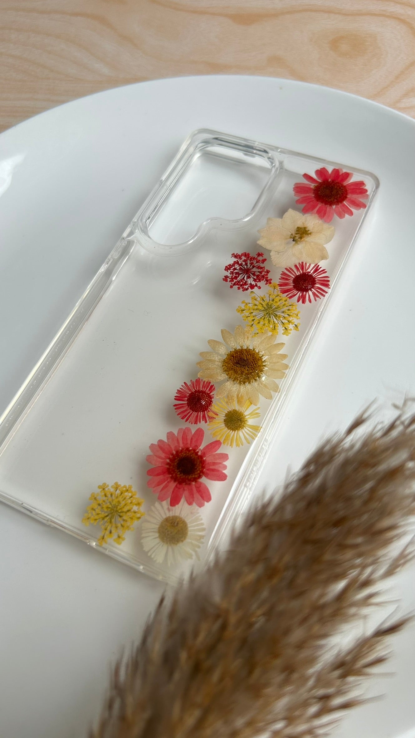 Pressed Flower Phone Case | Red & White Daisies with Yellow Baby's Breath in Resin | Straight Bloom | Case 12