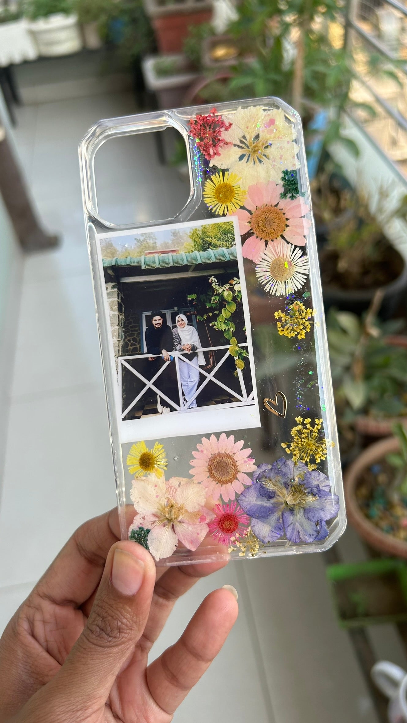 Personalized Pressed Flower Phone Case with Polaroid Photo | Real Dried Flowers in Resin | Custom Name | Case 2
