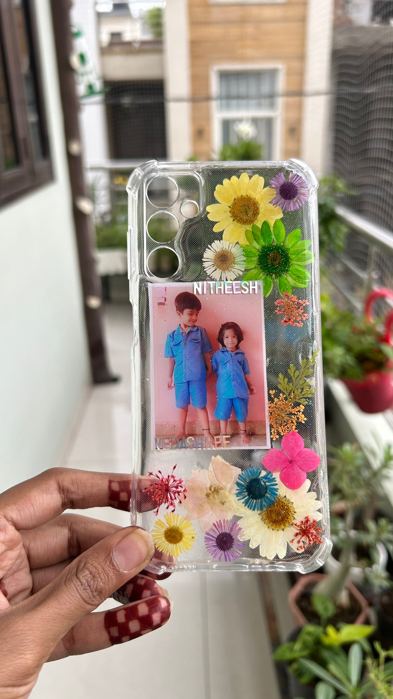 Personalized Pressed Flower Phone Case with Polaroid Photo | Real Dried Flowers in Resin | Custom Name | Case 3