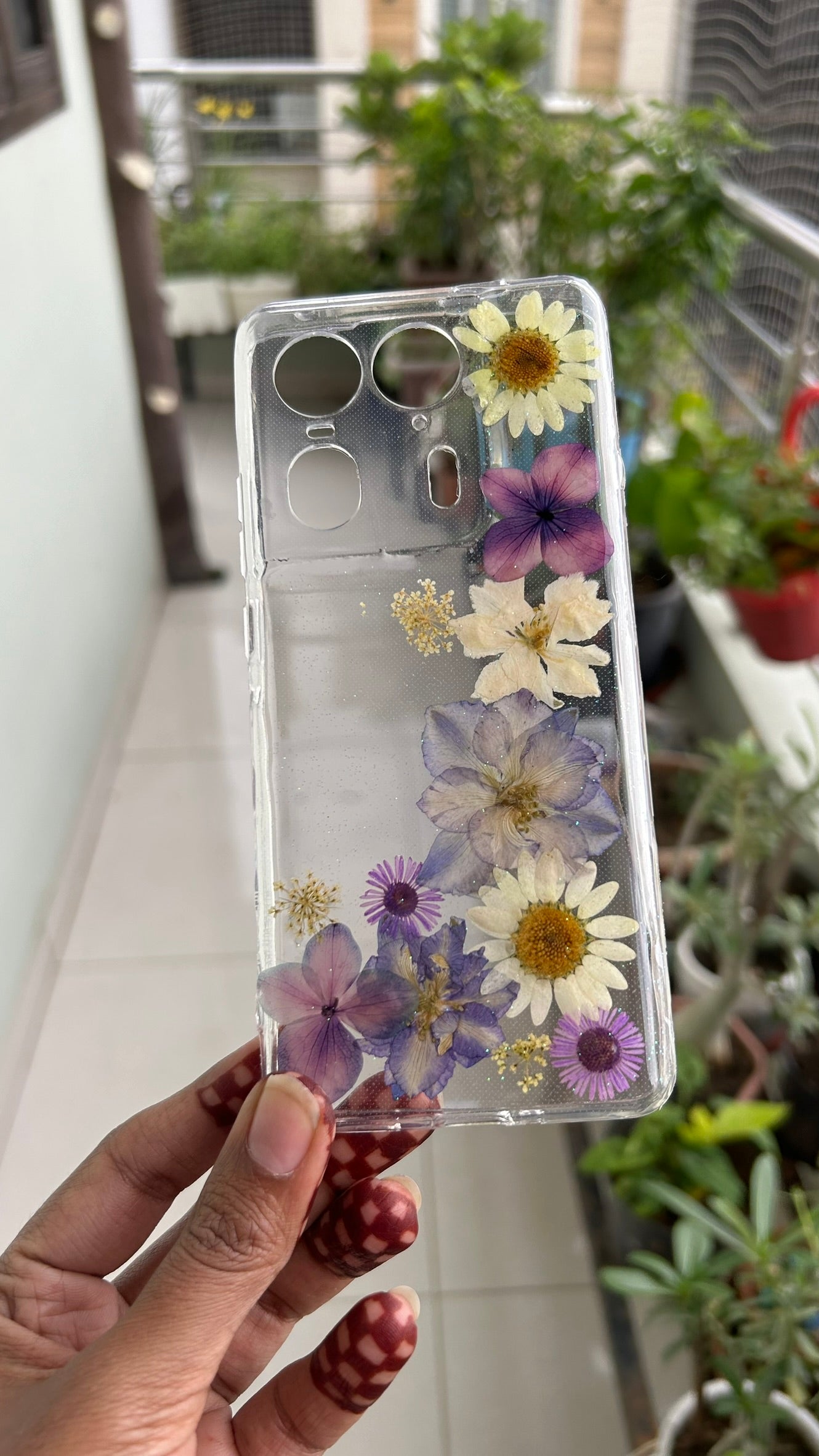 Pressed Flower Phone Case | White Daisies, Purple Hydrangeas & Blue Wildflowers in Resin | Straight Bloom | Case 7