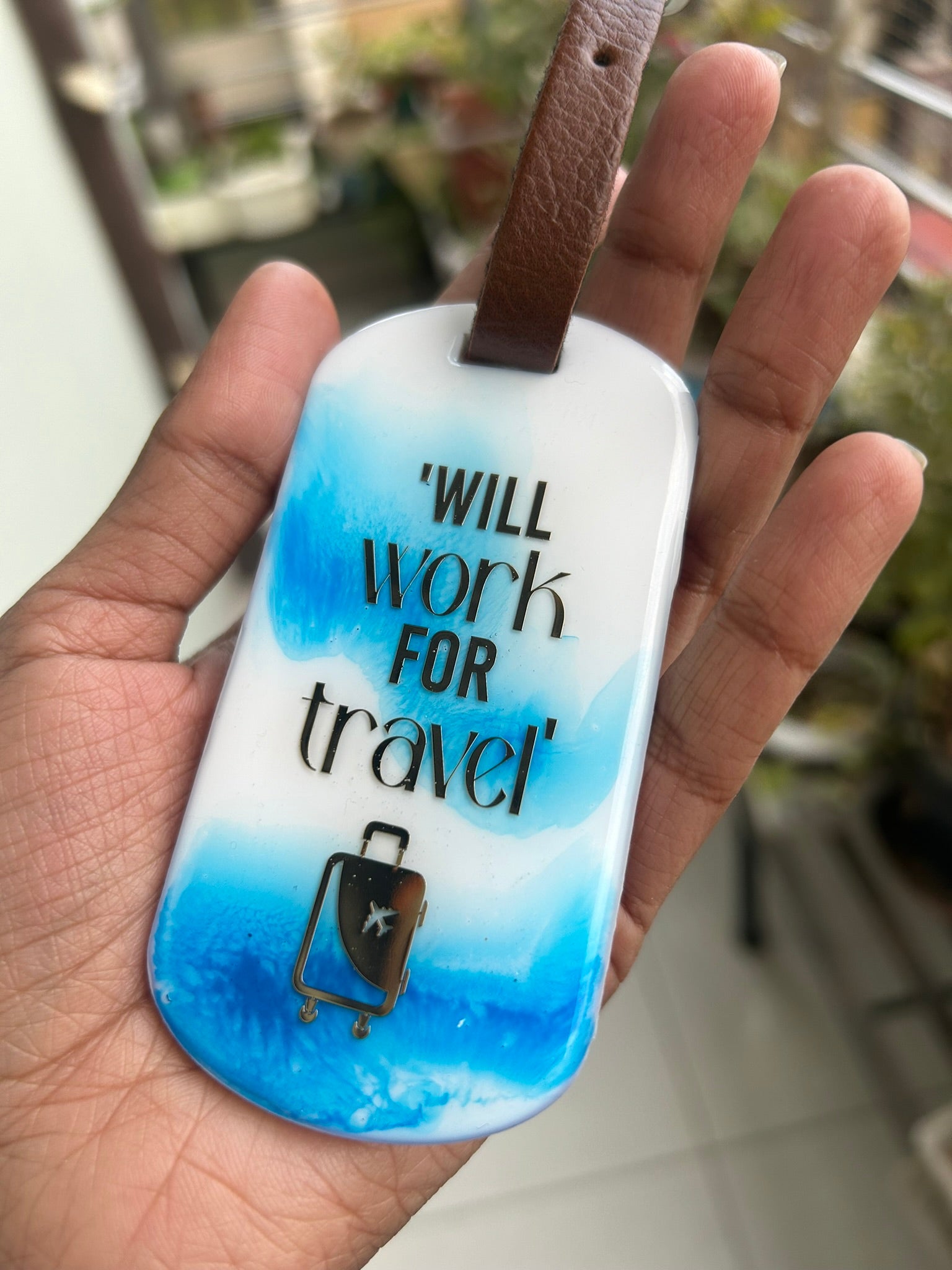 Ocean Reverie Luggage Tags - "Will Work For Travel" | Solid Blue & White