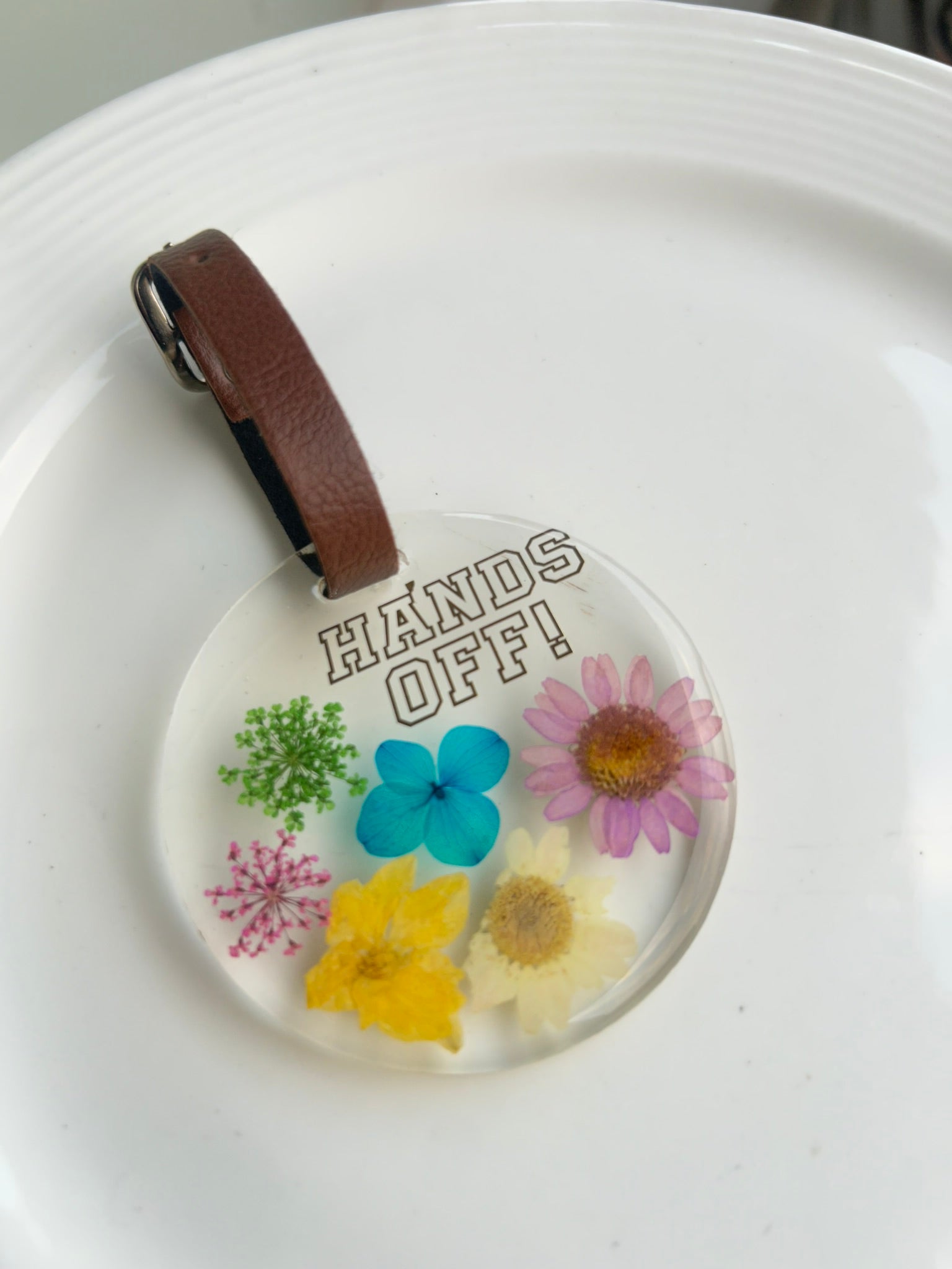Flora Faraway Resin Luggage Tags - "Hands Off" | Pastel Flowers | Round