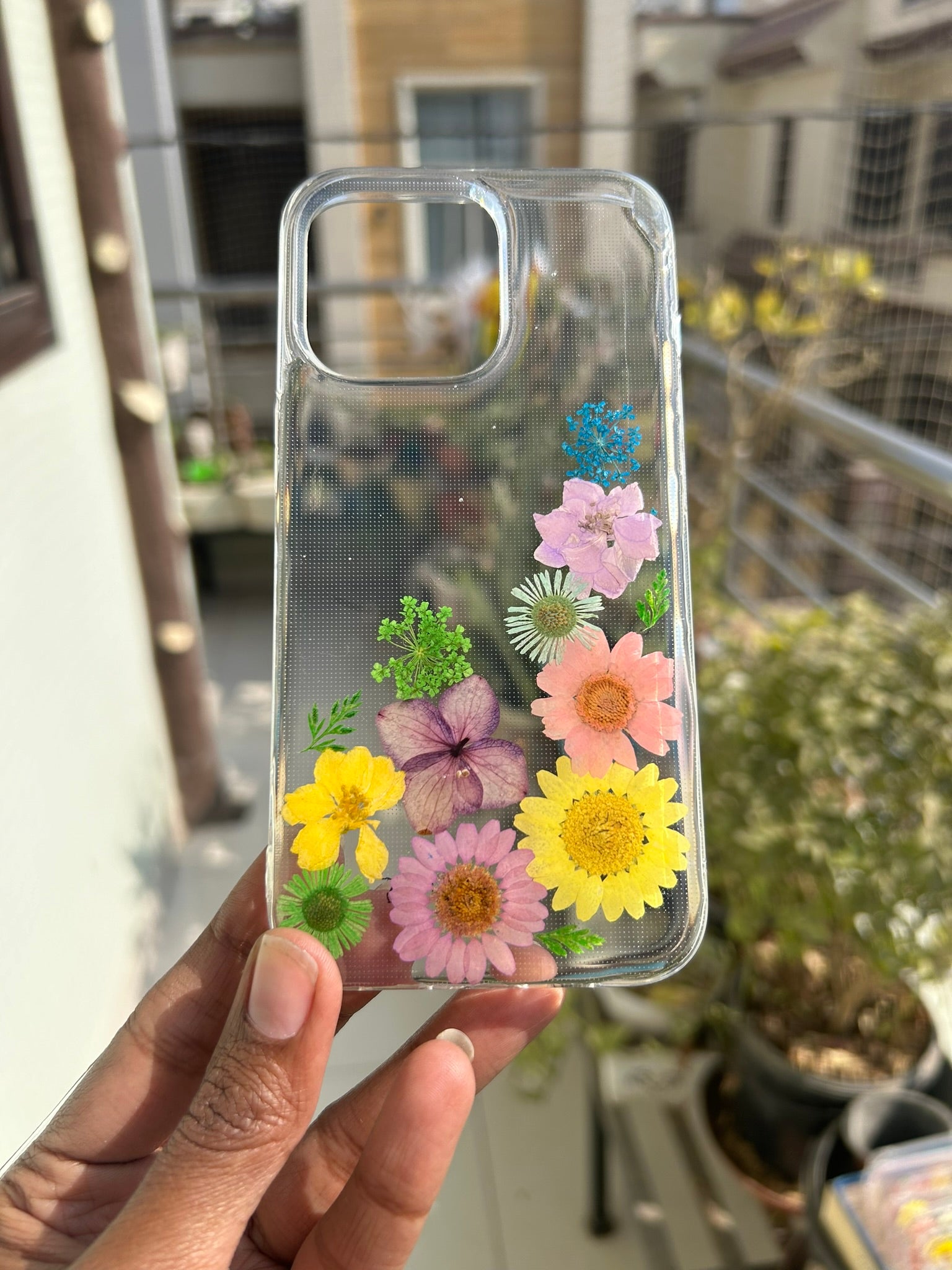 Pressed Flower Phone Case | Yellow, Peach & Purple Mixed Flowers with Green Ferns in Resin | Right Bloom | Case 17
