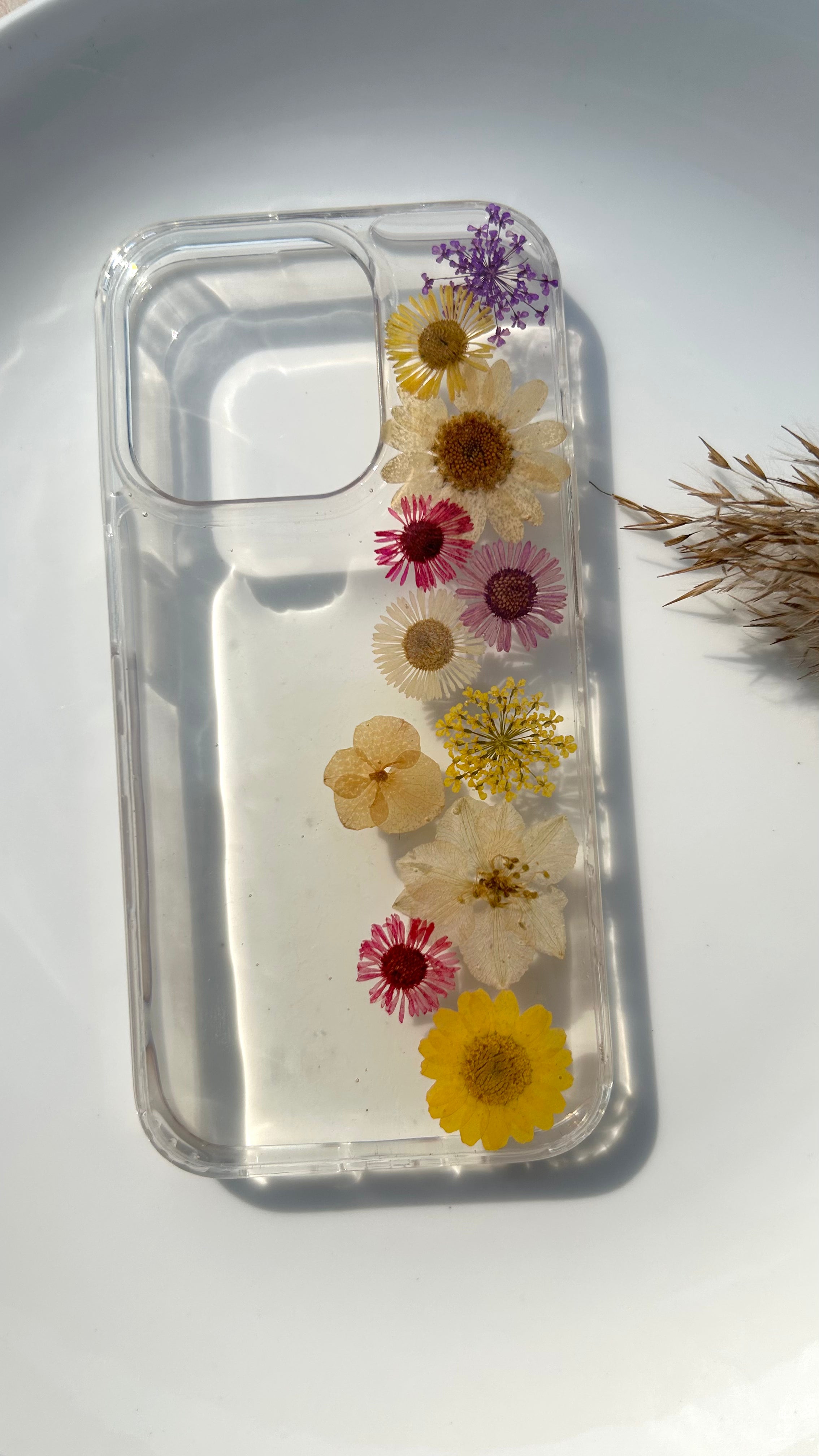 Pressed Flower Phone Case | Yellow, White & Red Mixed Flowers with Purple Baby's Breath in Resin | Straight Bloom | Case 9