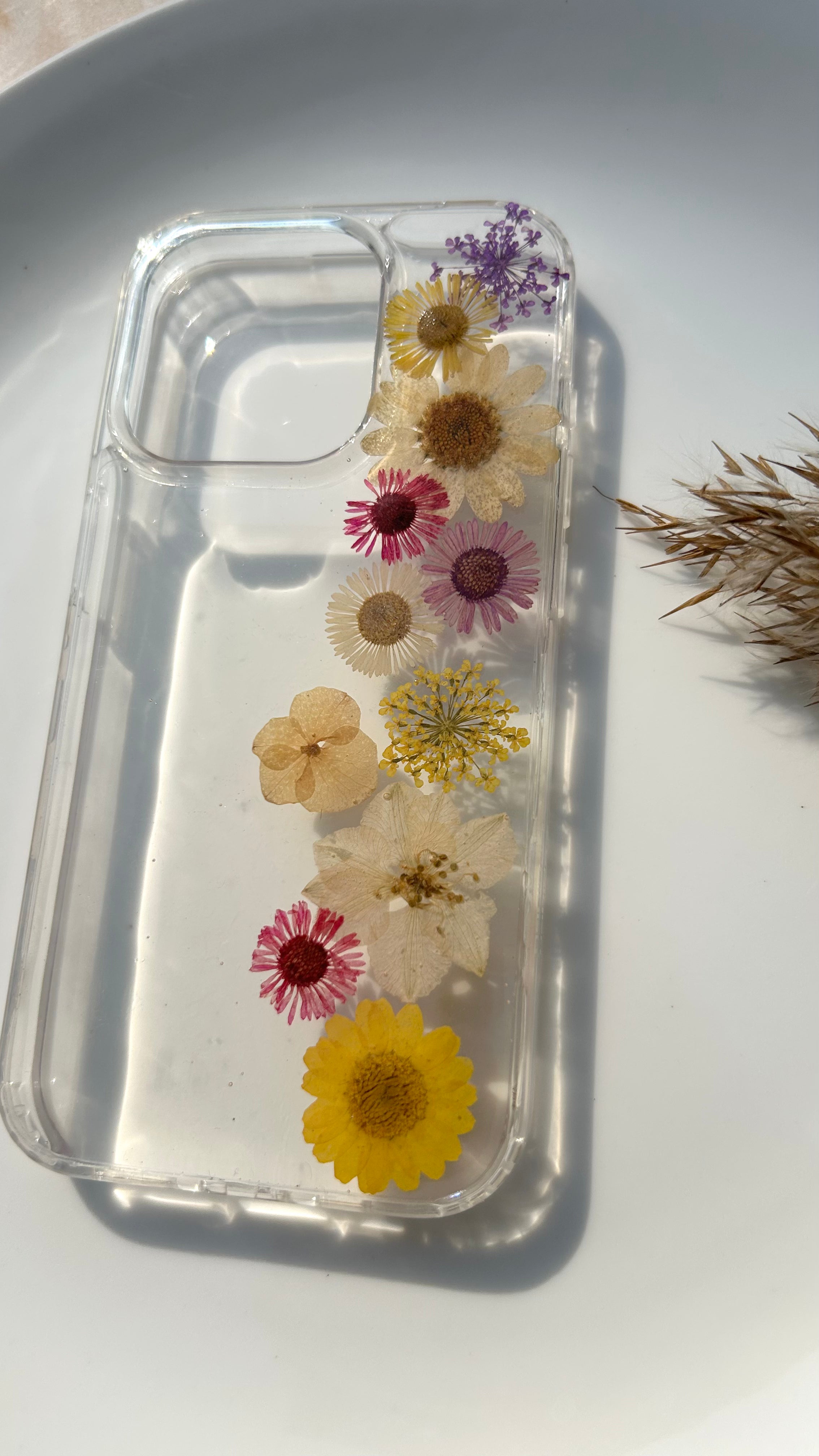 Pressed Flower Phone Case | Yellow, White & Red Mixed Flowers with Purple Baby's Breath in Resin | Straight Bloom | Case 9