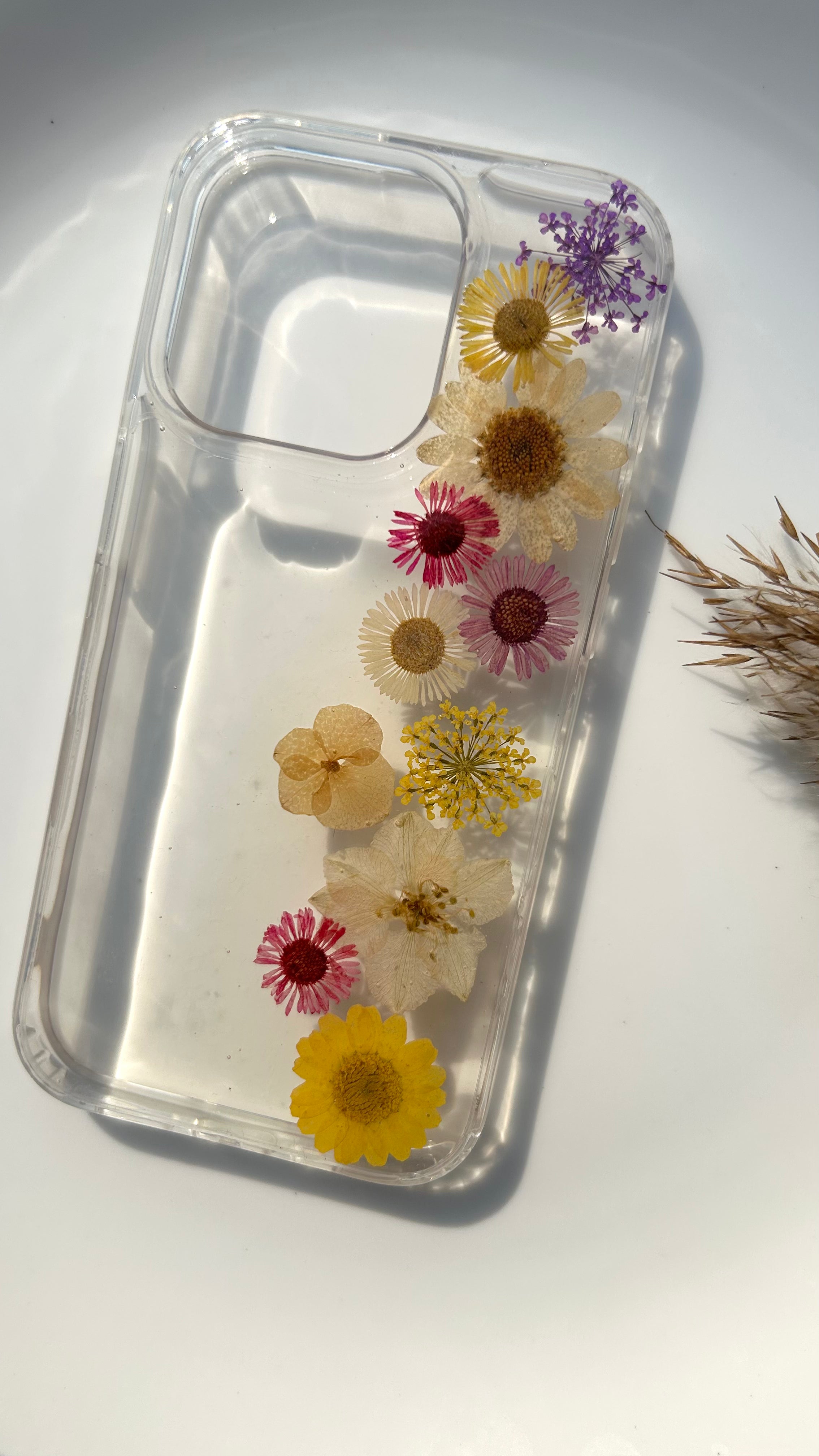Pressed Flower Phone Case | Yellow, White & Red Mixed Flowers with Purple Baby's Breath in Resin | Straight Bloom | Case 9
