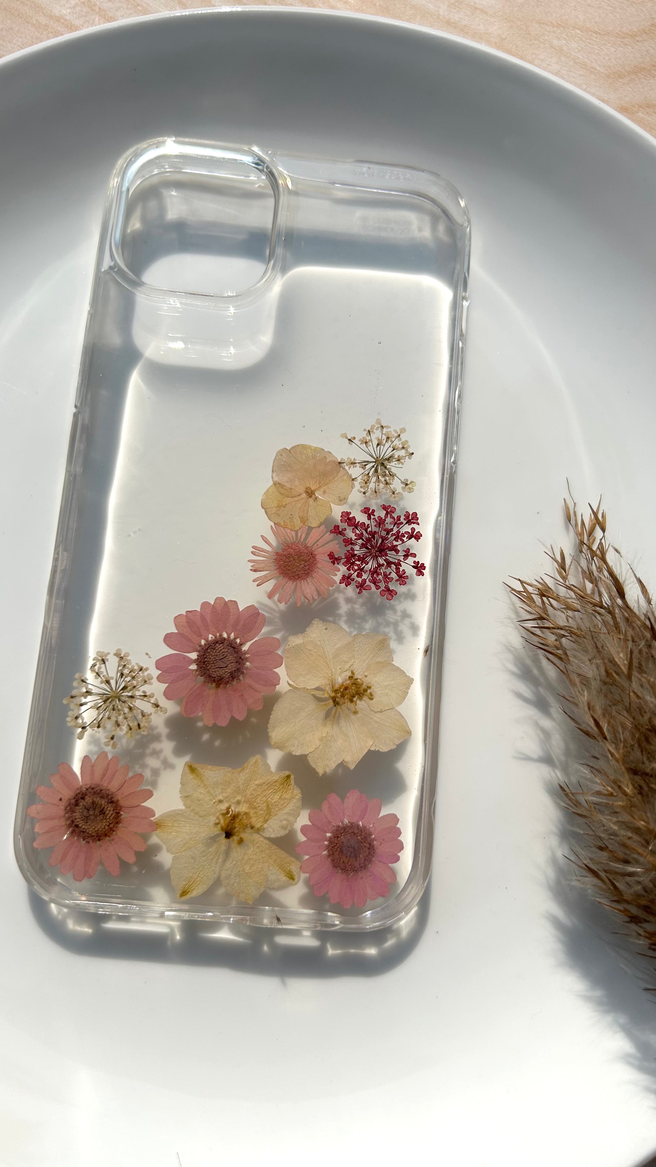 Pressed Flower Phone Case | Pink Daisies & White Clematis with Red & White Baby's Breath in Resin | Right Bloom | Case 22