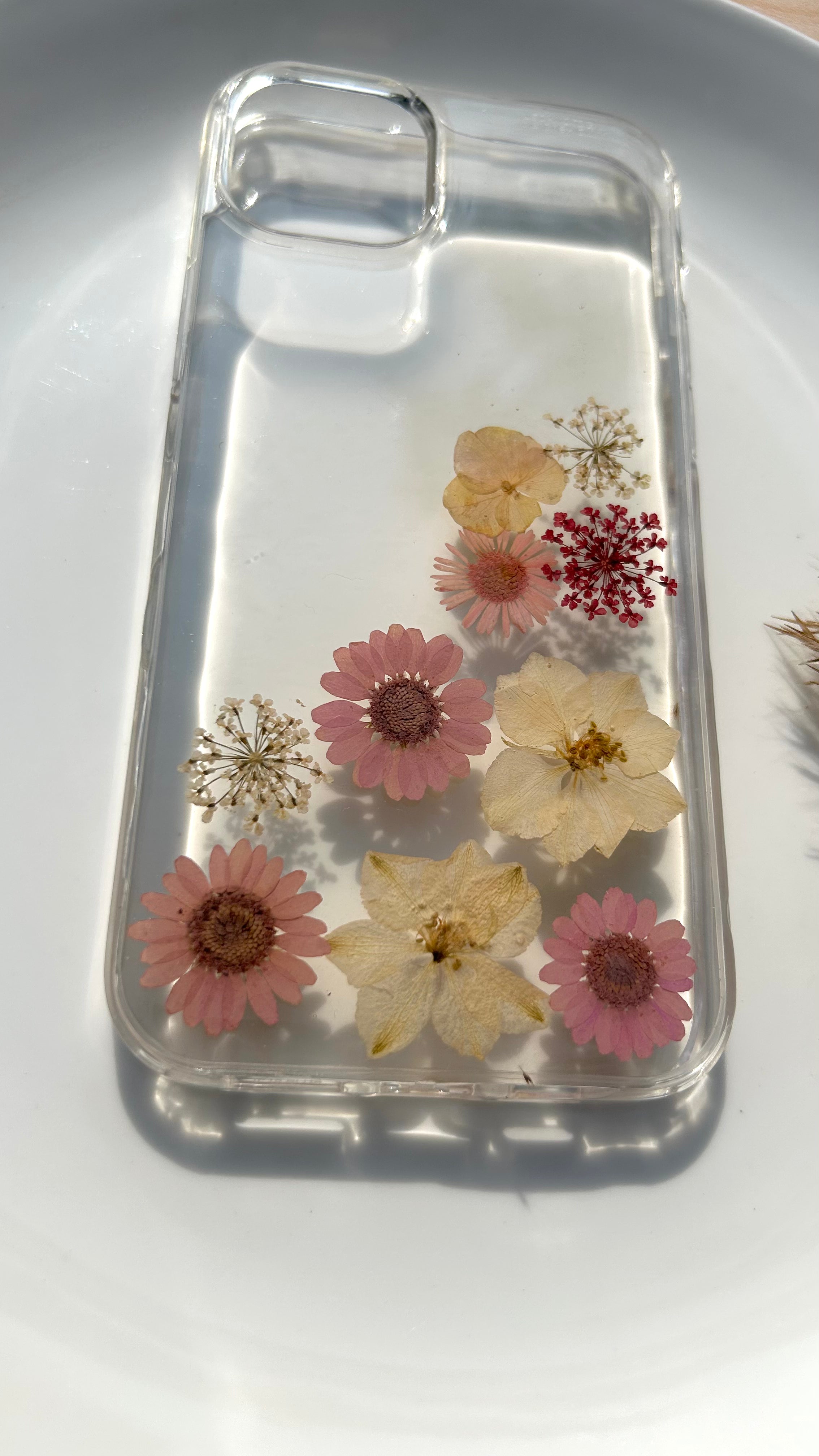 Pressed Flower Phone Case | Pink Daisies & White Clematis with Red & White Baby's Breath in Resin | Right Bloom | Case 22