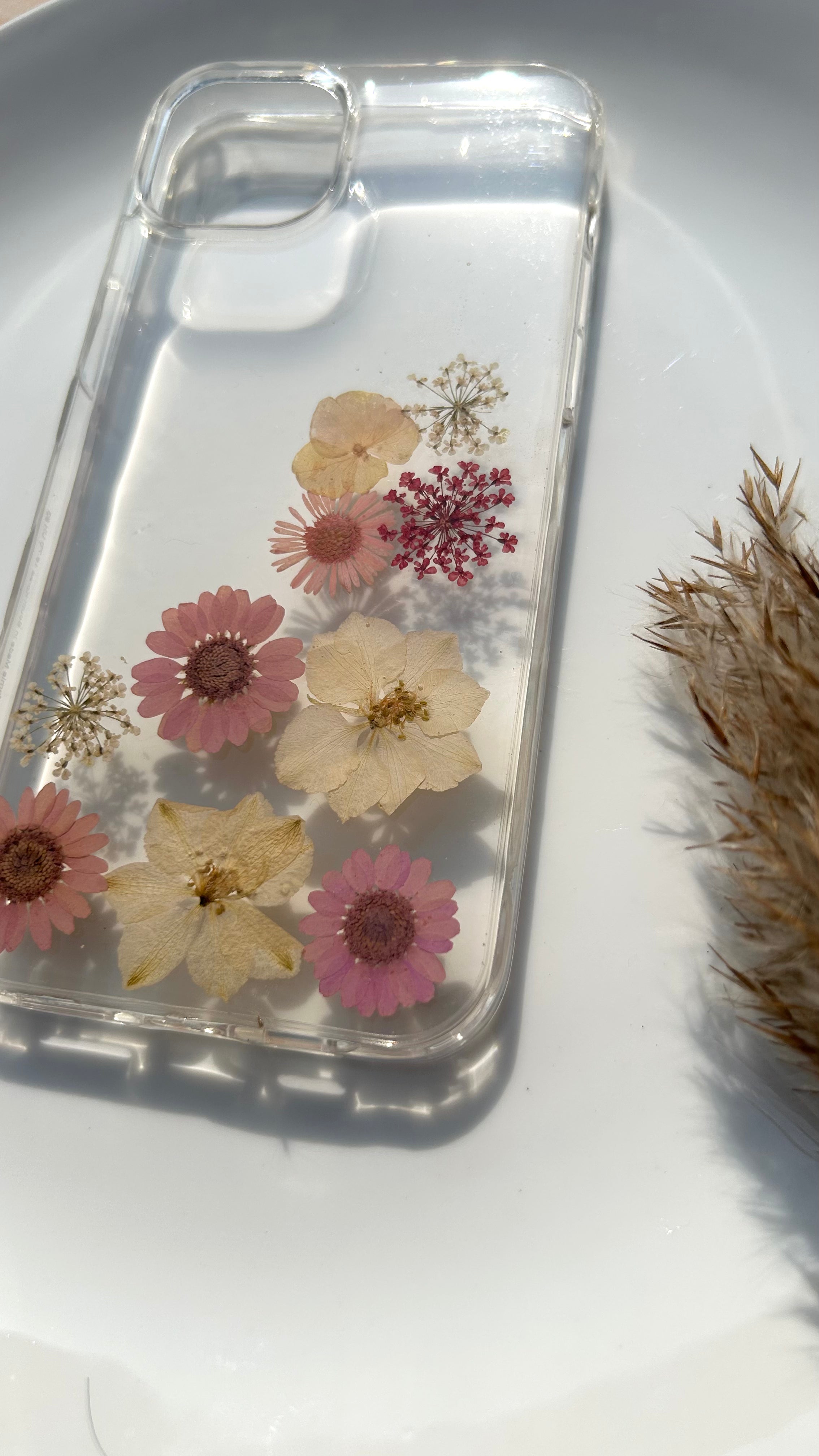 Pressed Flower Phone Case | Pink Daisies & White Clematis with Red & White Baby's Breath in Resin | Right Bloom | Case 22