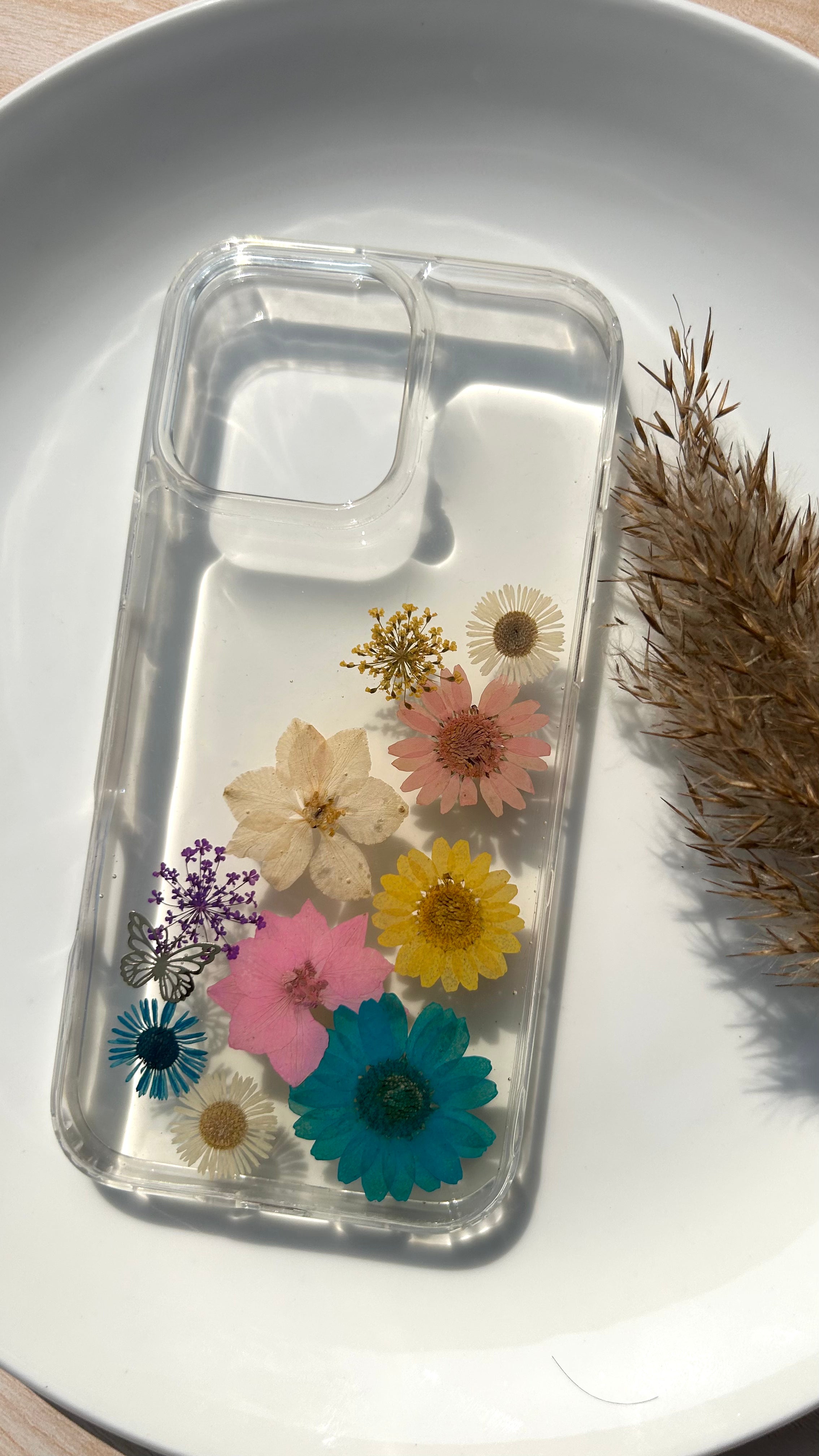Pressed Flower Phone Case | Teal, Yellow & Pink Mixed Flowers with Silver Butterfly Charm in Resin | Right Bloom | Case 21