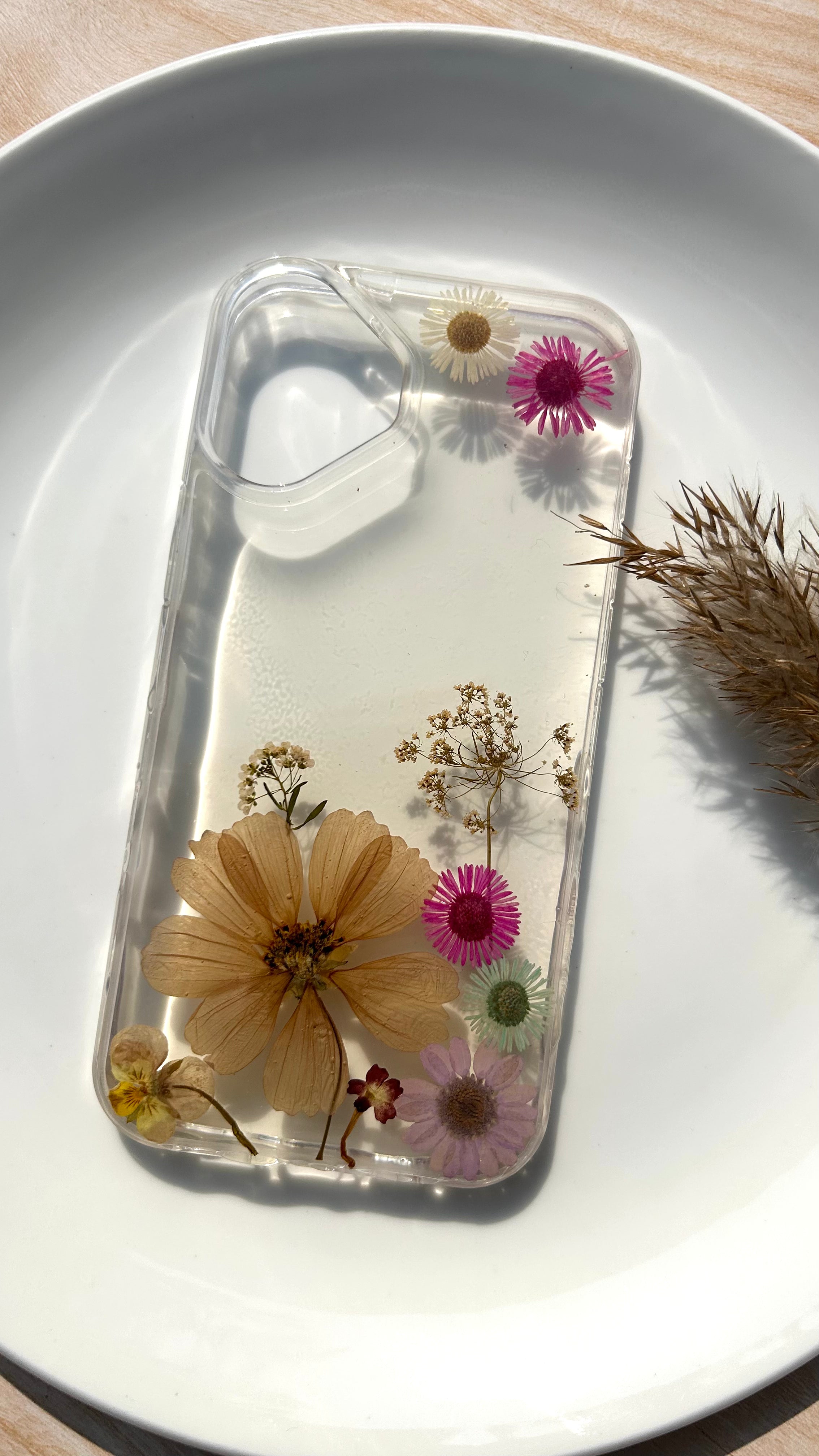 Pressed Flower Phone Case | Peach Cosmos, Hot Pink & Mint Daisies with White Baby's Breath in Resin | Right Bloom | Case 20