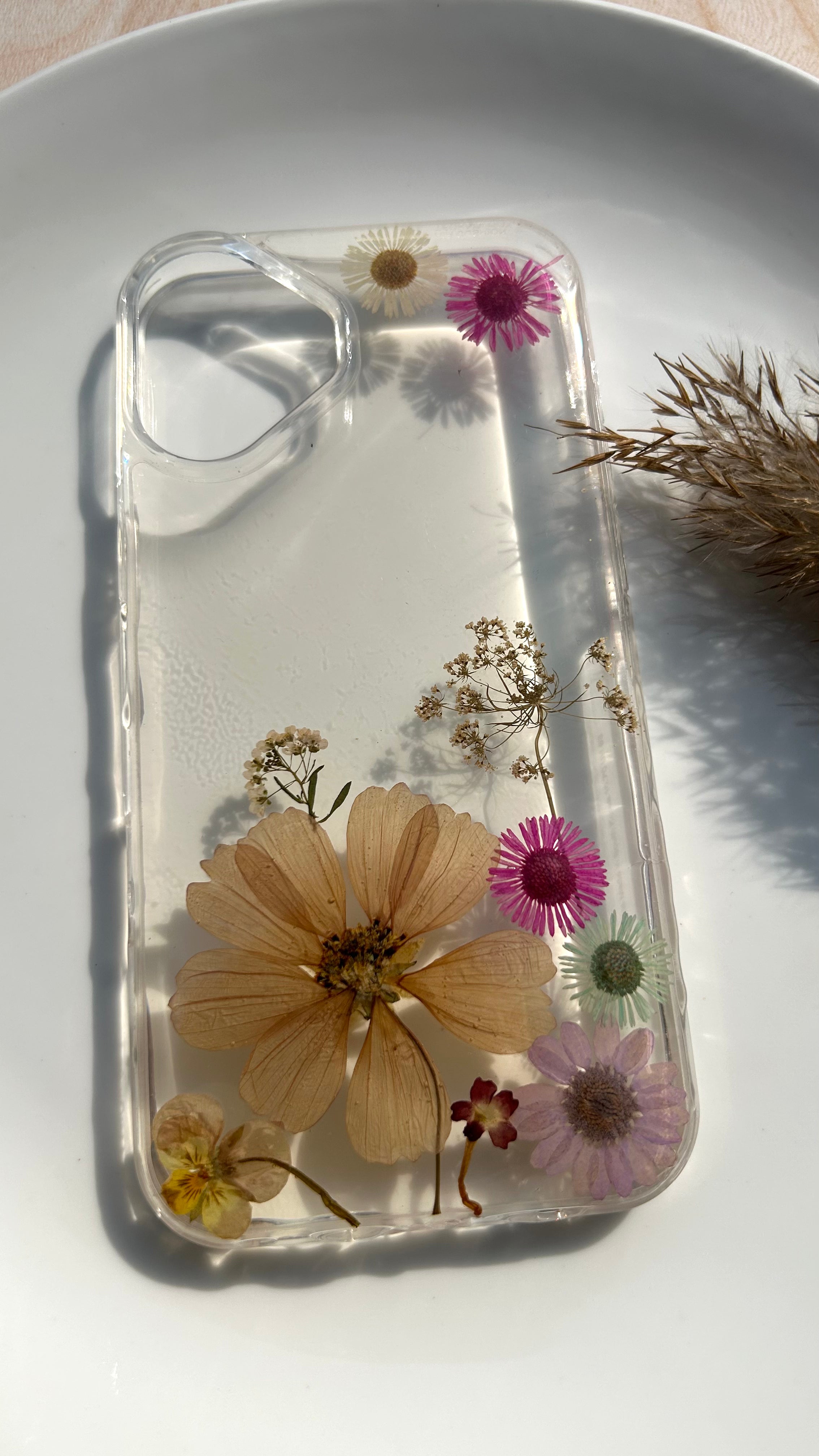 Pressed Flower Phone Case | Peach Cosmos, Hot Pink & Mint Daisies with White Baby's Breath in Resin | Right Bloom | Case 20