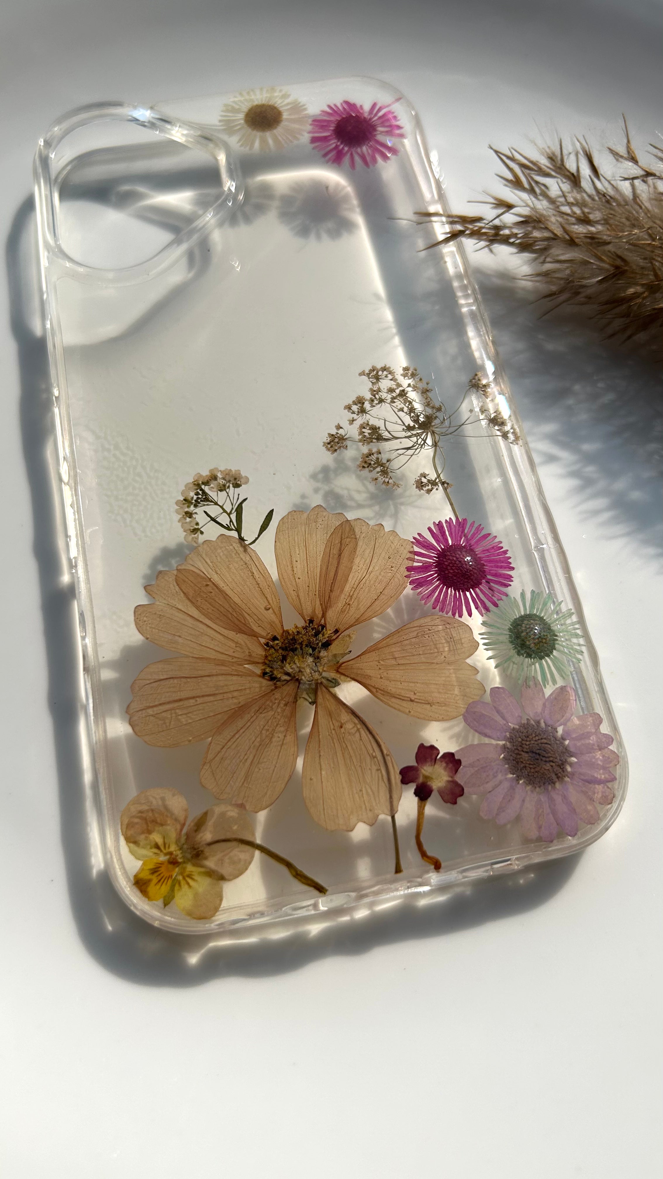 Pressed Flower Phone Case | Peach Cosmos, Hot Pink & Mint Daisies with White Baby's Breath in Resin | Right Bloom | Case 20