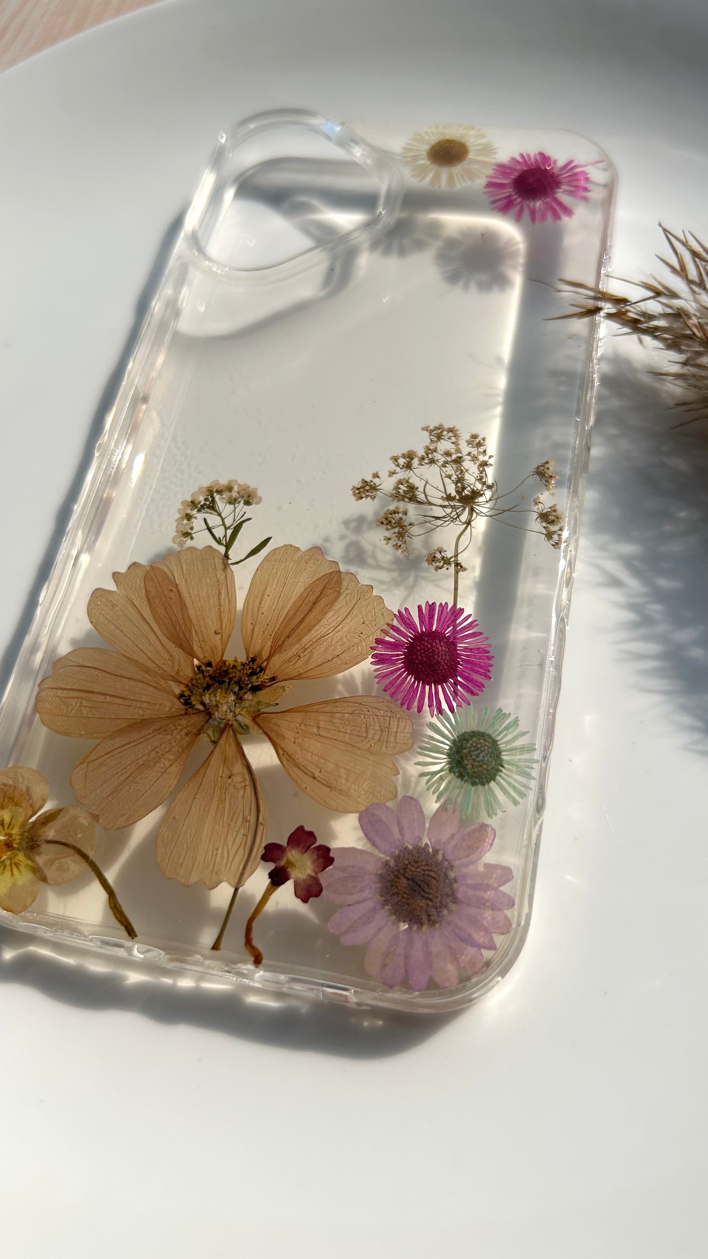 Pressed Flower Phone Case | Peach Cosmos, Hot Pink & Mint Daisies with White Baby's Breath in Resin | Right Bloom | Case 20