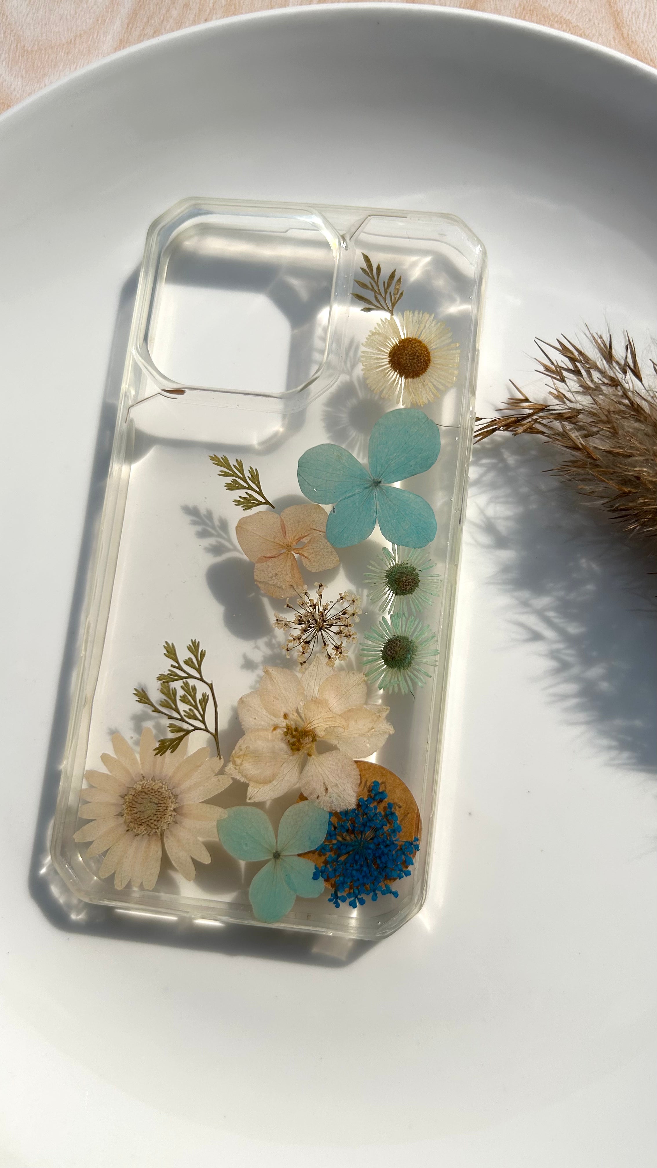 Pressed Flower Phone Case | Teal Hydrangeas, White Clematis & Mint Daisies with Golden Ferns in Resin | Right Bloom | Case 19