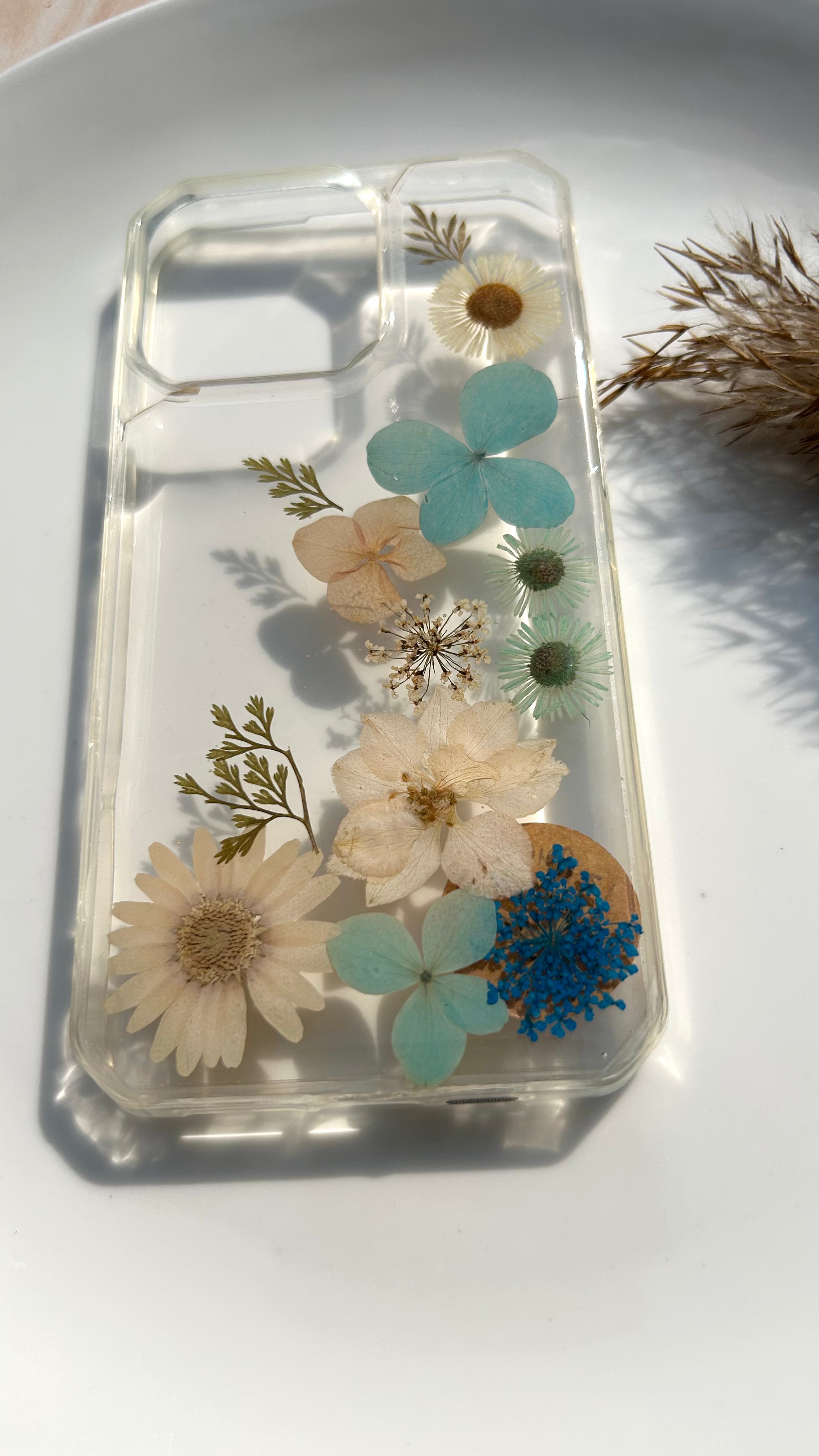Pressed Flower Phone Case | Teal Hydrangeas, White Clematis & Mint Daisies with Golden Ferns in Resin | Right Bloom | Case 19