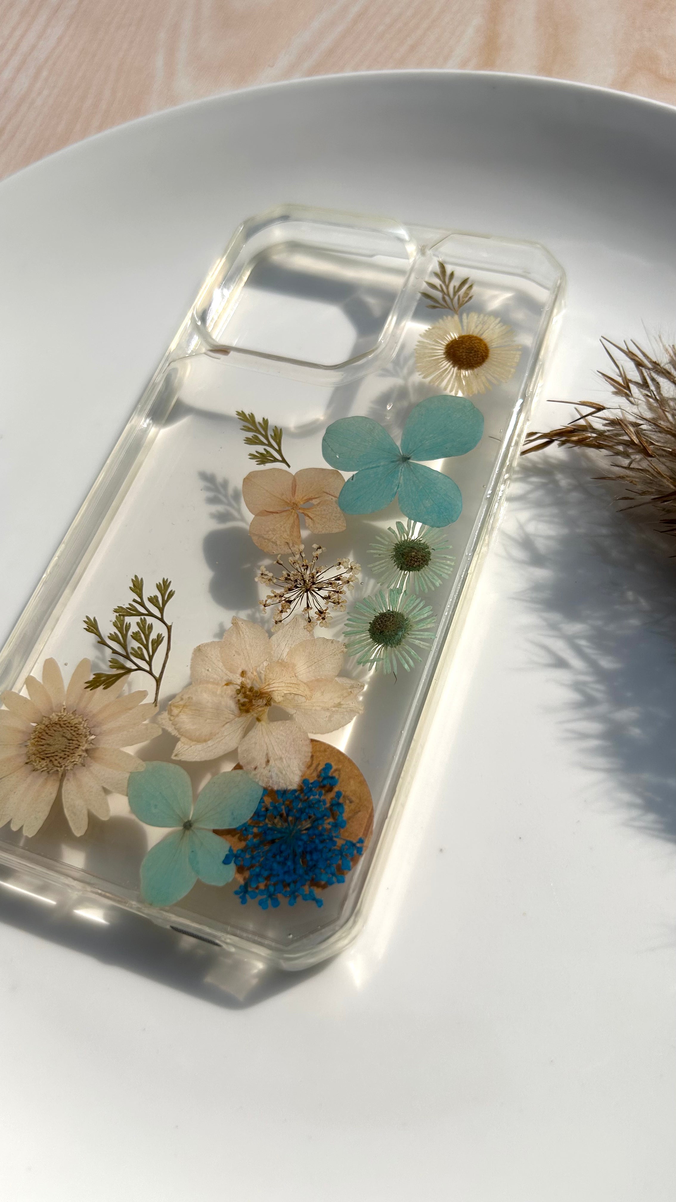 Pressed Flower Phone Case | Teal Hydrangeas, White Clematis & Mint Daisies with Golden Ferns in Resin | Right Bloom | Case 19