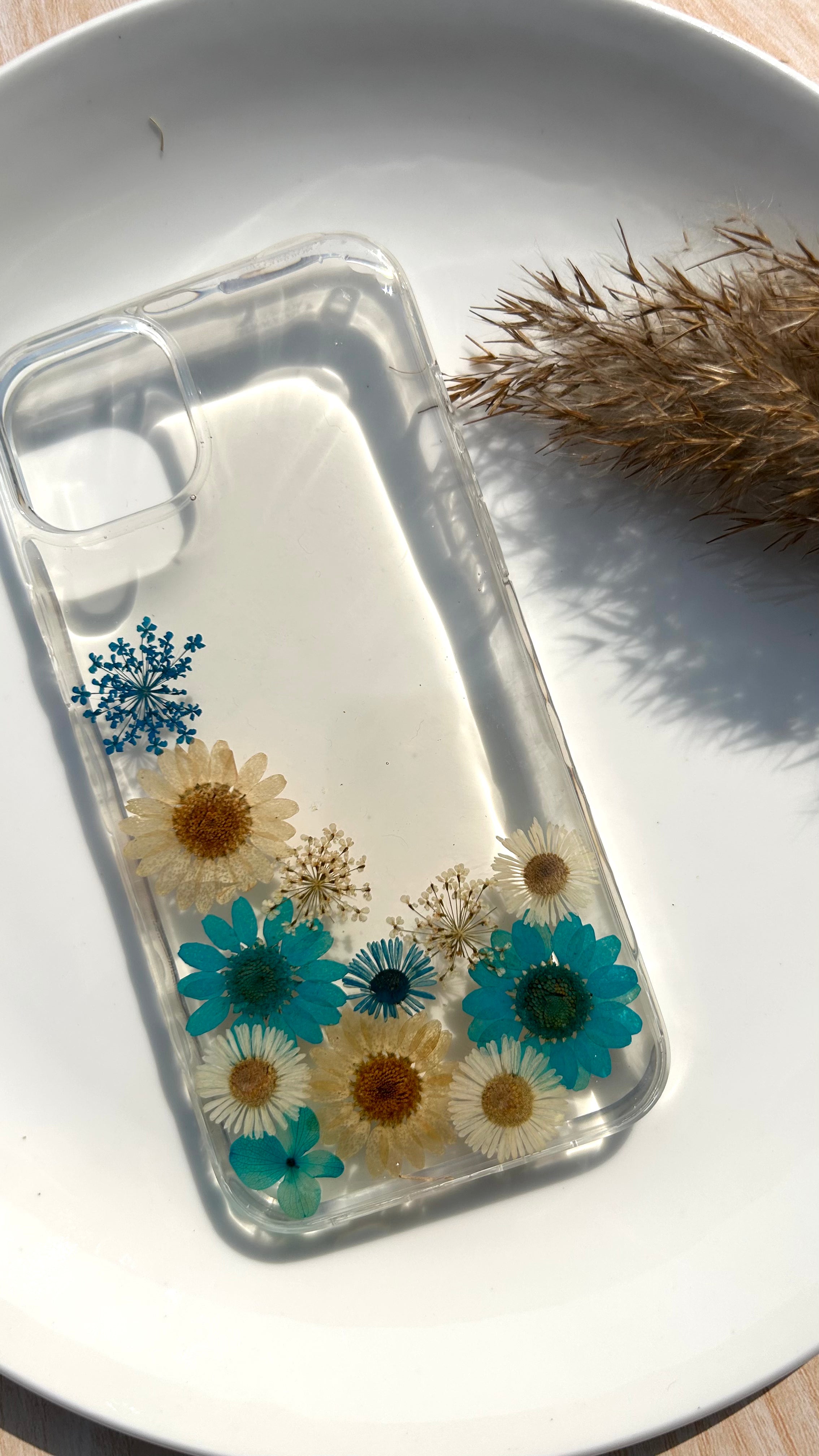 Pressed Flower Phone Case | Teal & White Daisies with Blue Baby's Breath in Resin | Left Bloom Series | Case 7