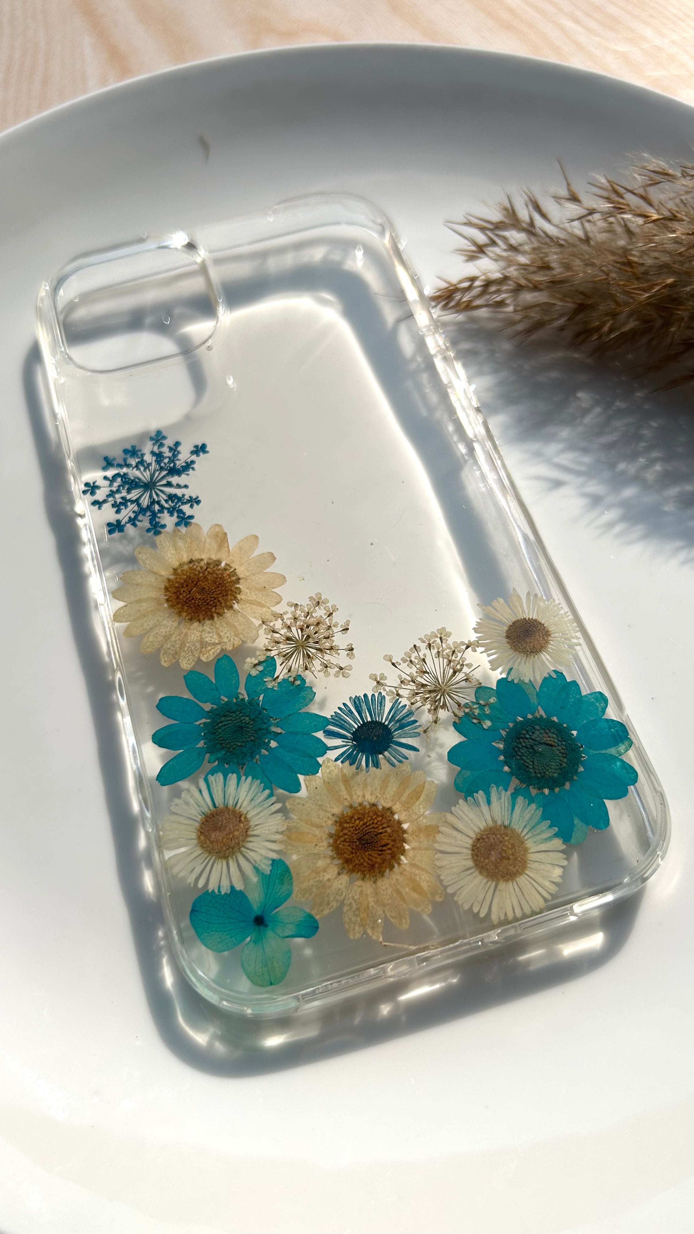 Pressed Flower Phone Case | Teal & White Daisies with Blue Baby's Breath in Resin | Left Bloom Series | Case 7