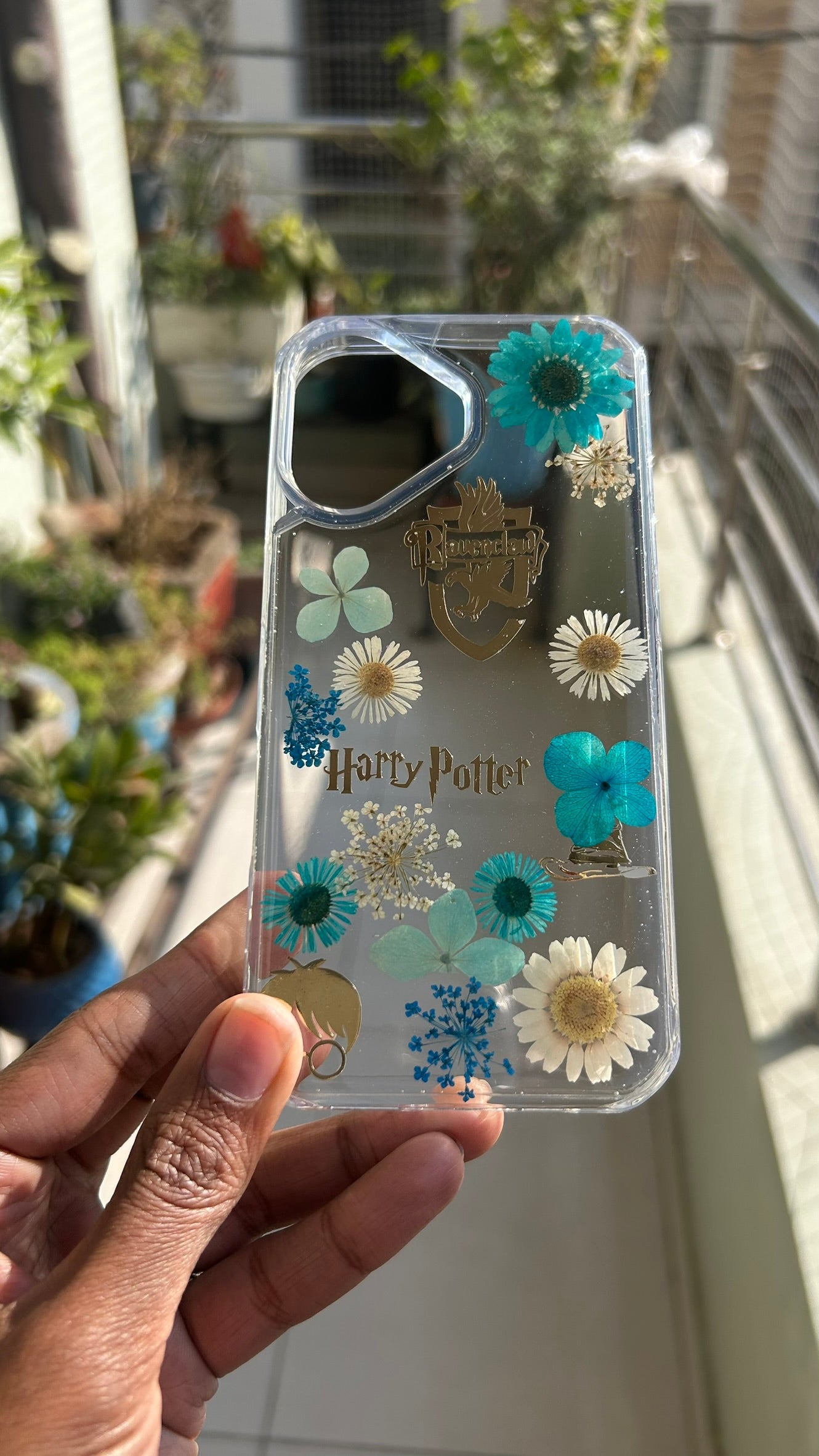 Pressed Flower Phone Case | Harry Potter Ravenclaw | Teal & White Flowers with Gold Wizard Charms in Resin | Case 1