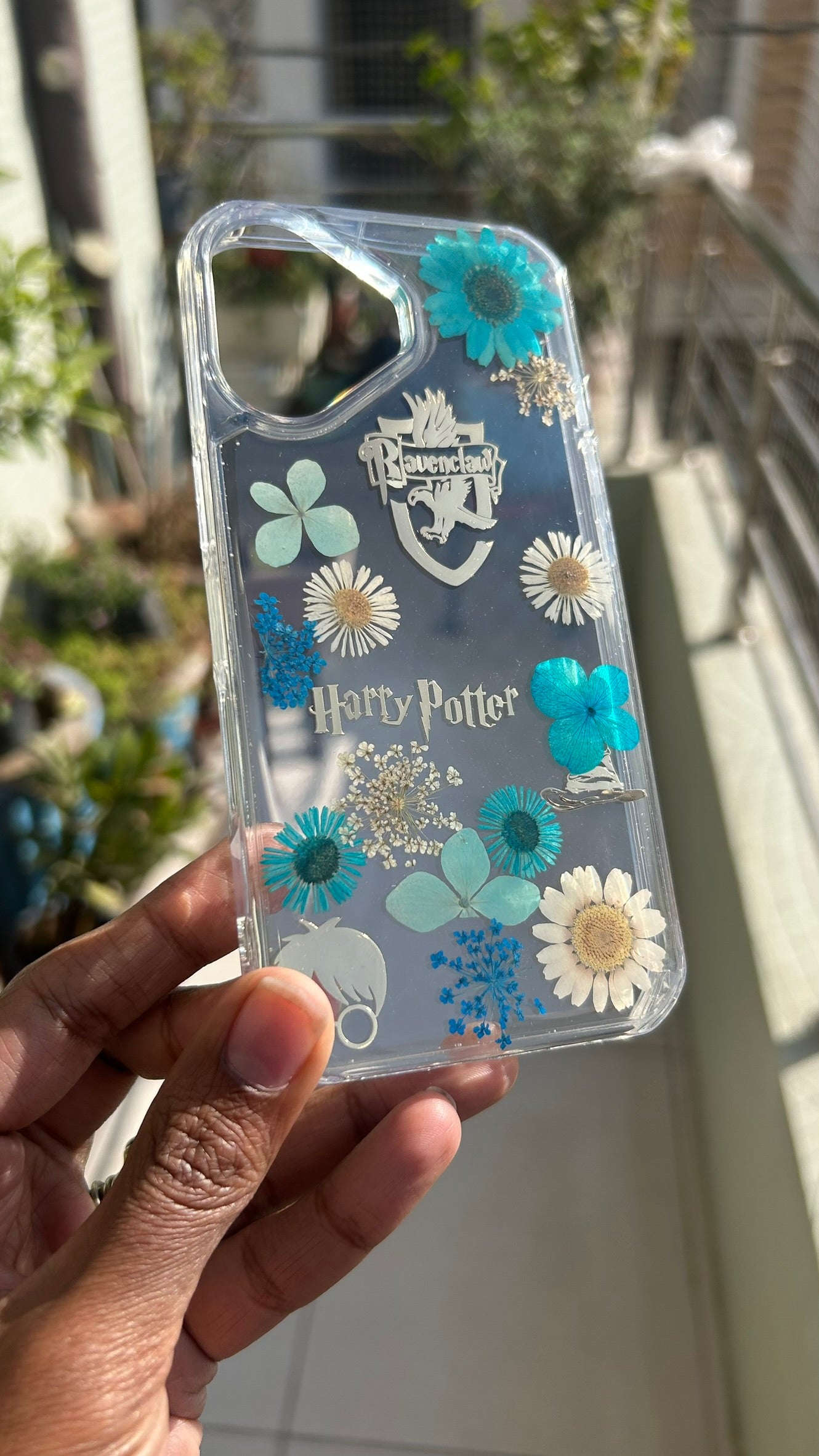 Pressed Flower Phone Case | Harry Potter Ravenclaw | Teal & White Flowers with Gold Wizard Charms in Resin | Case 1