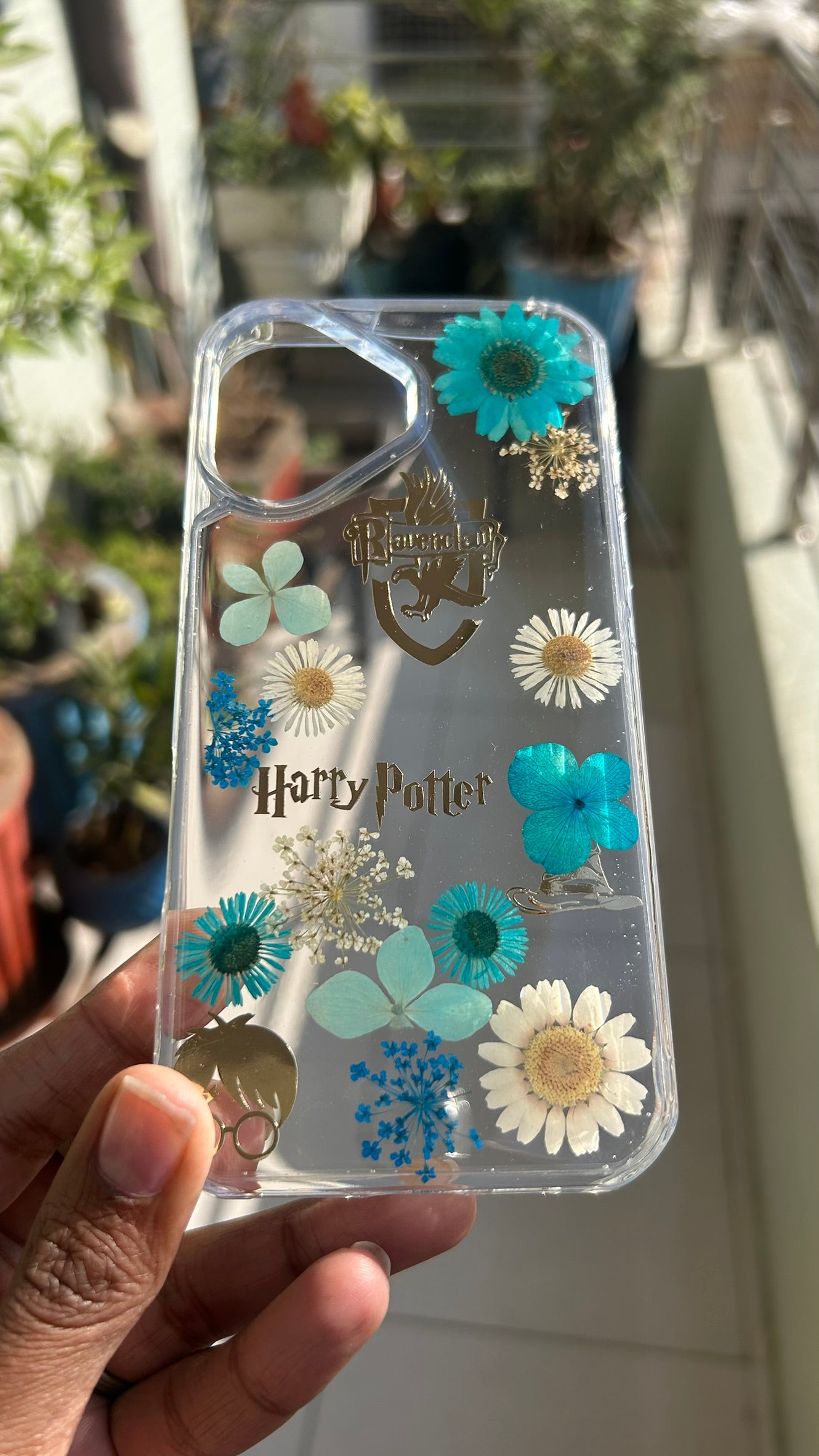 Pressed Flower Phone Case | Harry Potter Ravenclaw | Teal & White Flowers with Gold Wizard Charms in Resin | Case 1