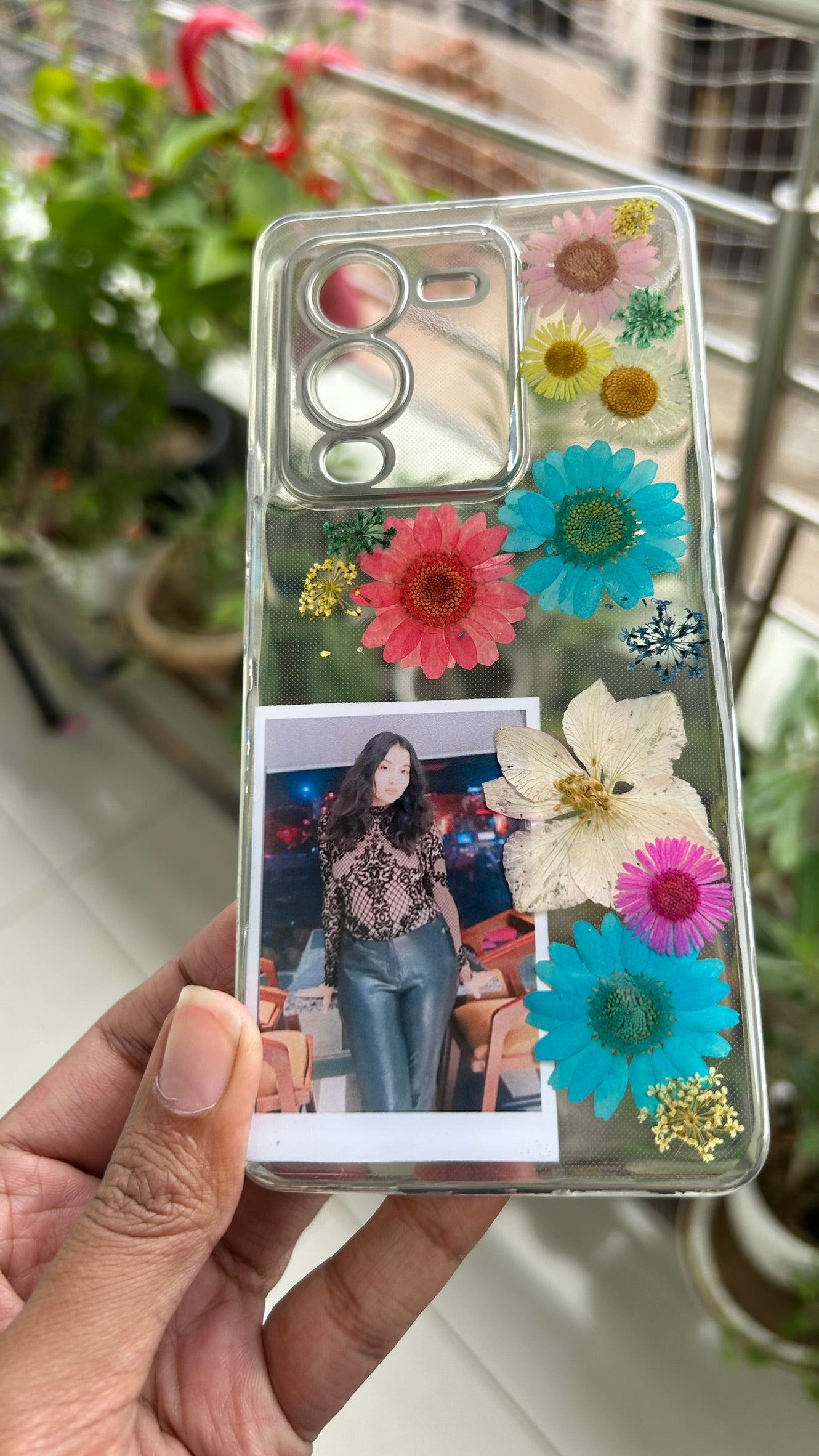 Personalized Pressed Flower Phone Case with Polaroid Photo | Real Dried Flowers in Resin | Custom Name | Case 4