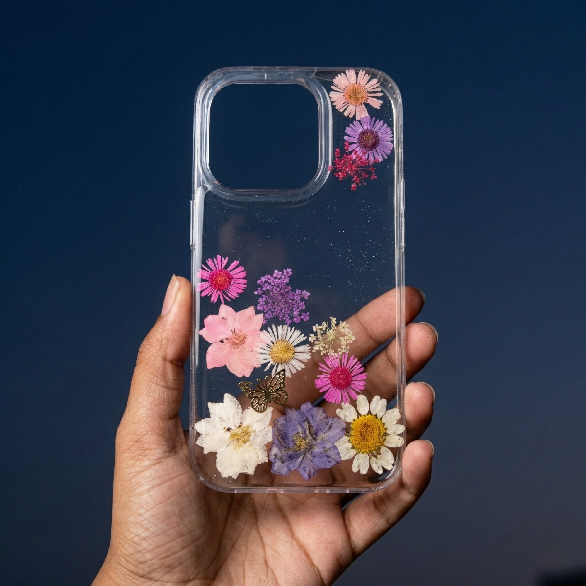Pressed Flower Phone Case | Pink, Purple & White Mixed Flowers with Butterfly Charm in Resin | Left Bloom Series | Case 11