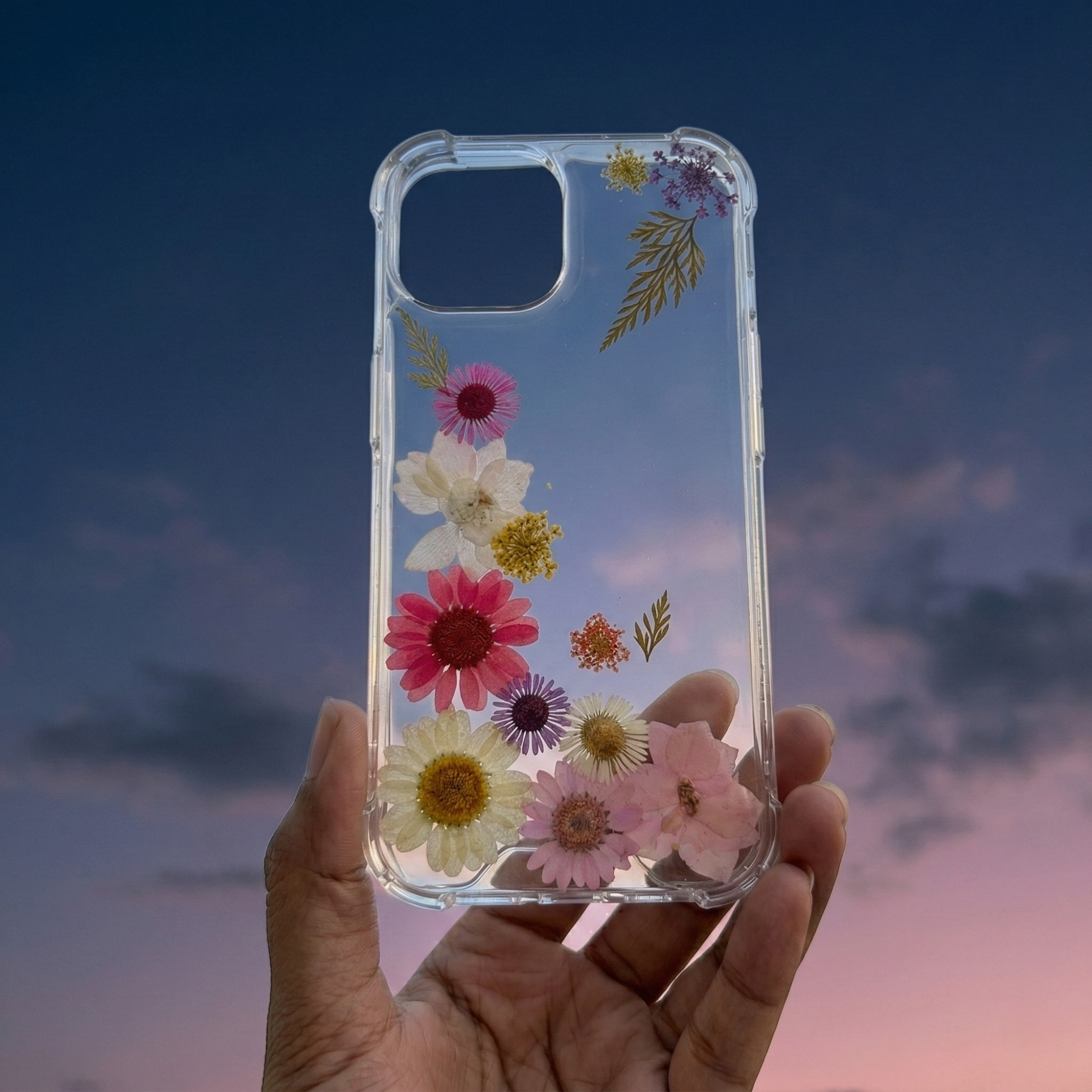 Pressed Flower Phone Case | Pink, White & Purple Daisies with Dried Ferns in Resin | Left Bloom Series | Case 5