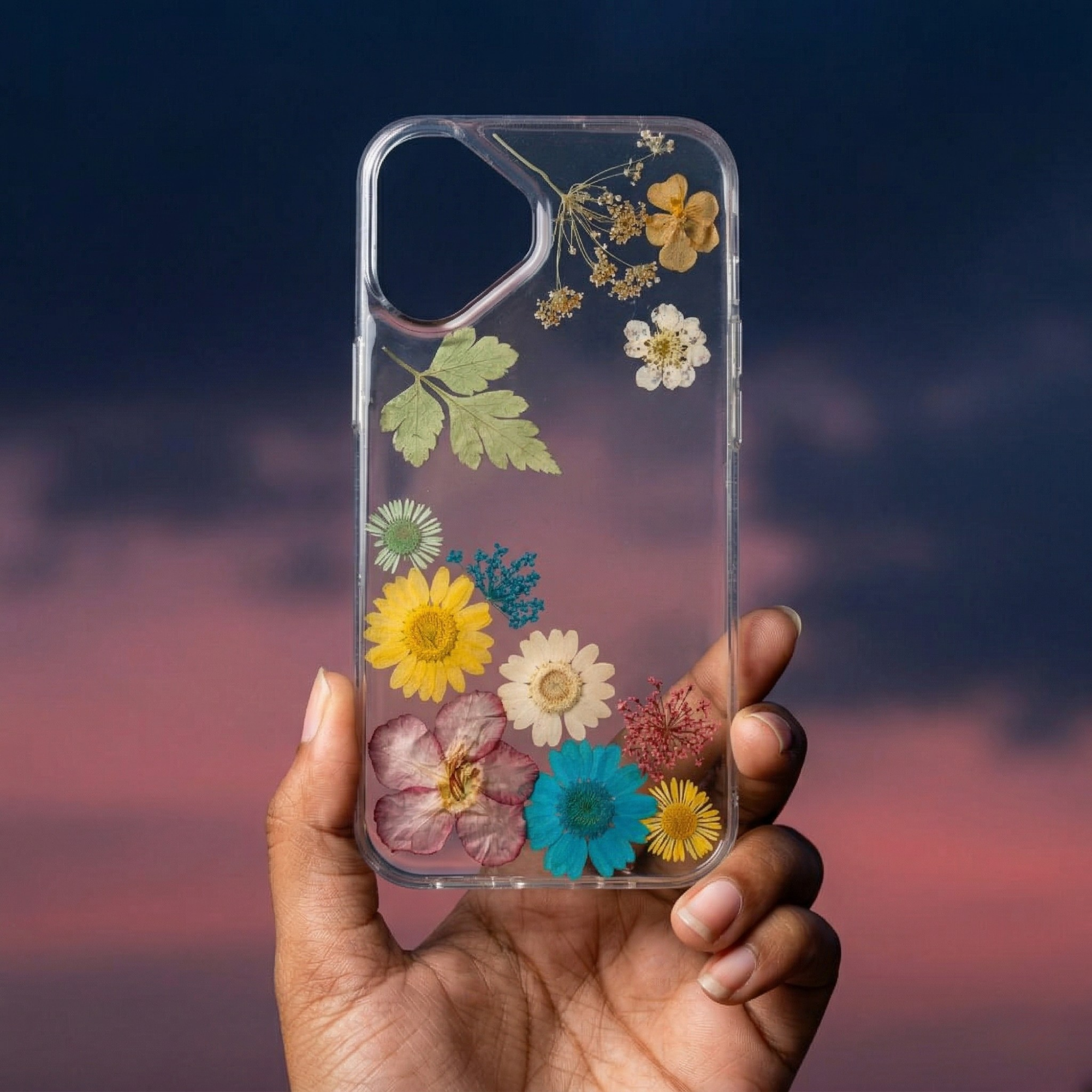 Pressed Flower Phone Case | Yellow, Teal & Pink Mixed Flowers with Dried Leaves in Resin | Left Bloom Series | Case 6