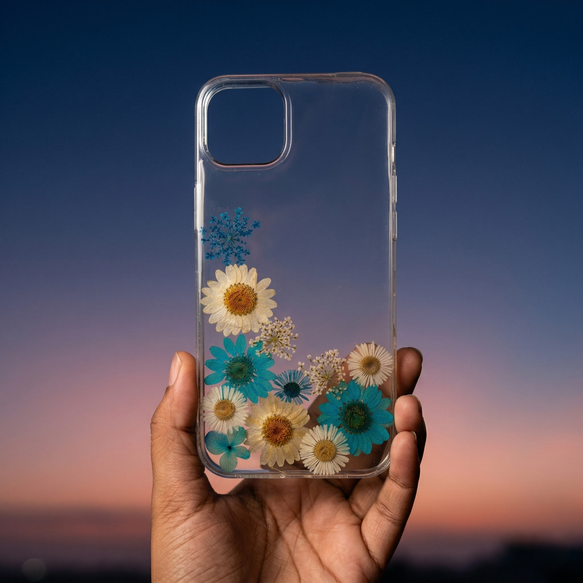 Pressed Flower Phone Case | Teal & White Daisies with Blue Baby's Breath in Resin | Left Bloom Series | Case 7