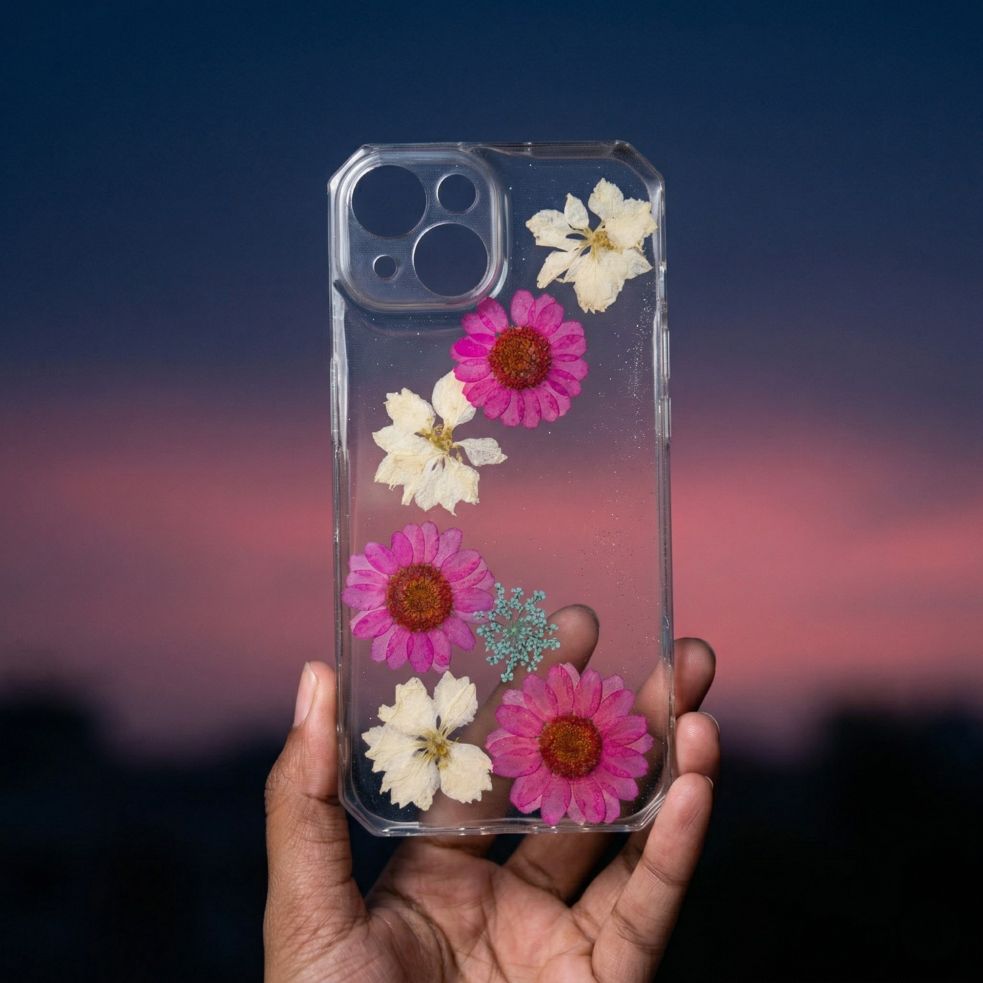 Pressed Flower Phone Case | Hot Pink Daisies & White Wildflowers in Resin | Left Bloom Series | Case 9